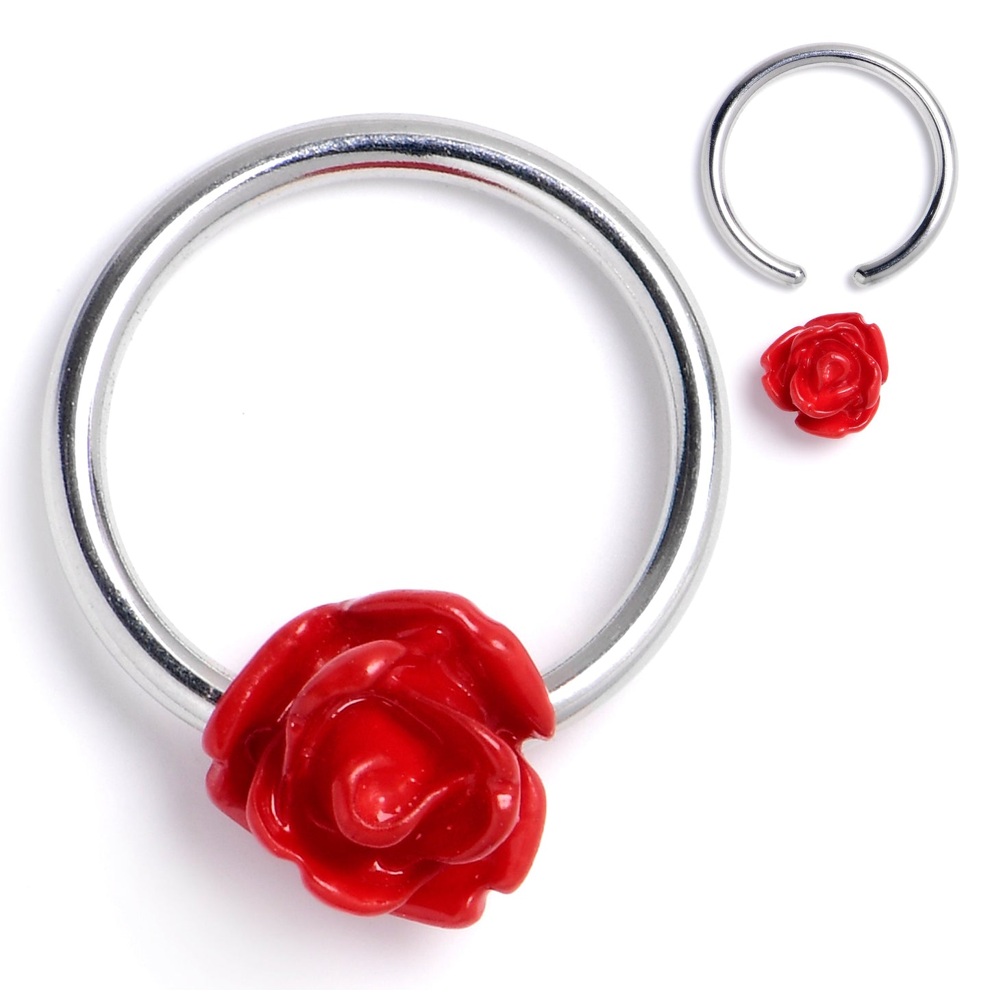 16G 3/8 Open Bloom Rose Red BCR Captive Ring
