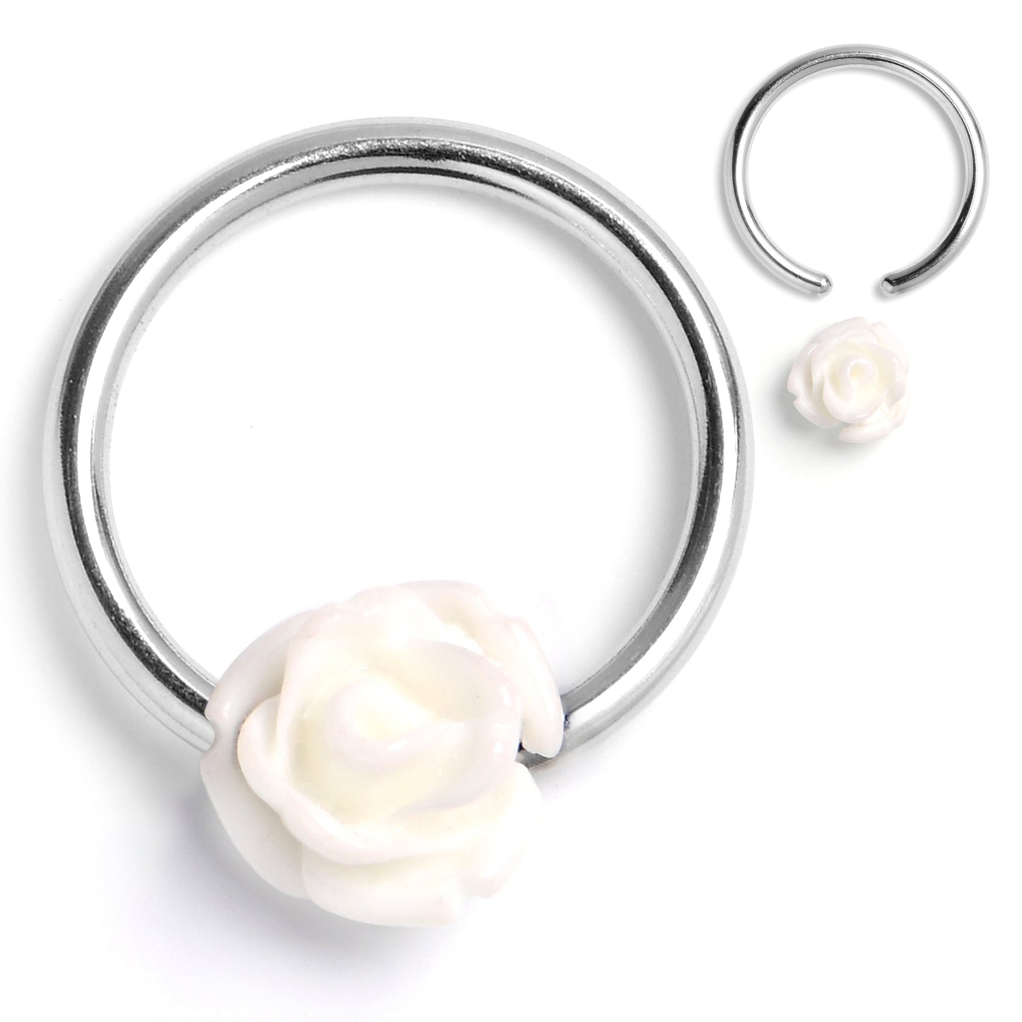 16G 3/8 Open Bloom Rose White BCR Captive Ring