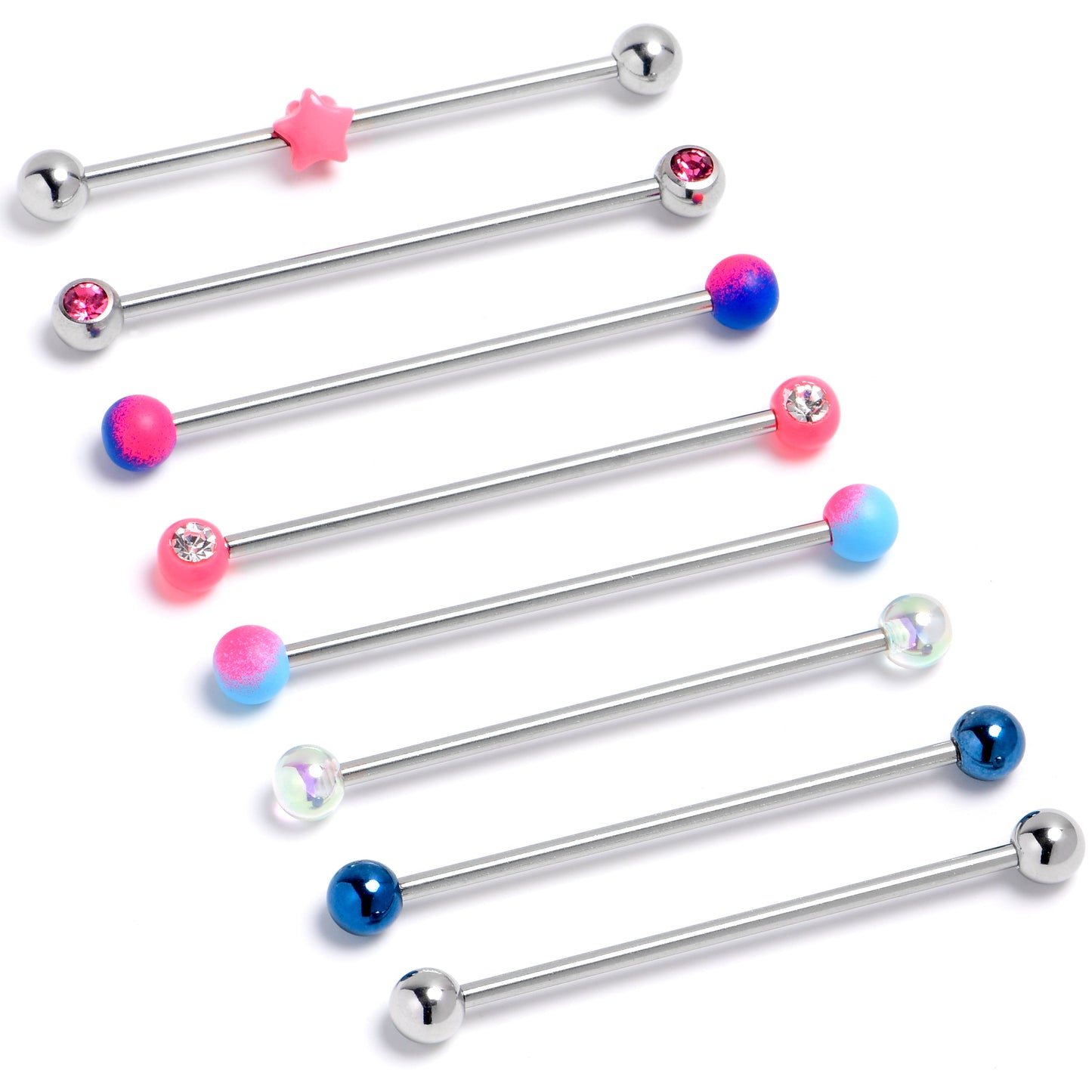 14G Pink Gem Star Blue Industrial Barbell 38mm Set of 8