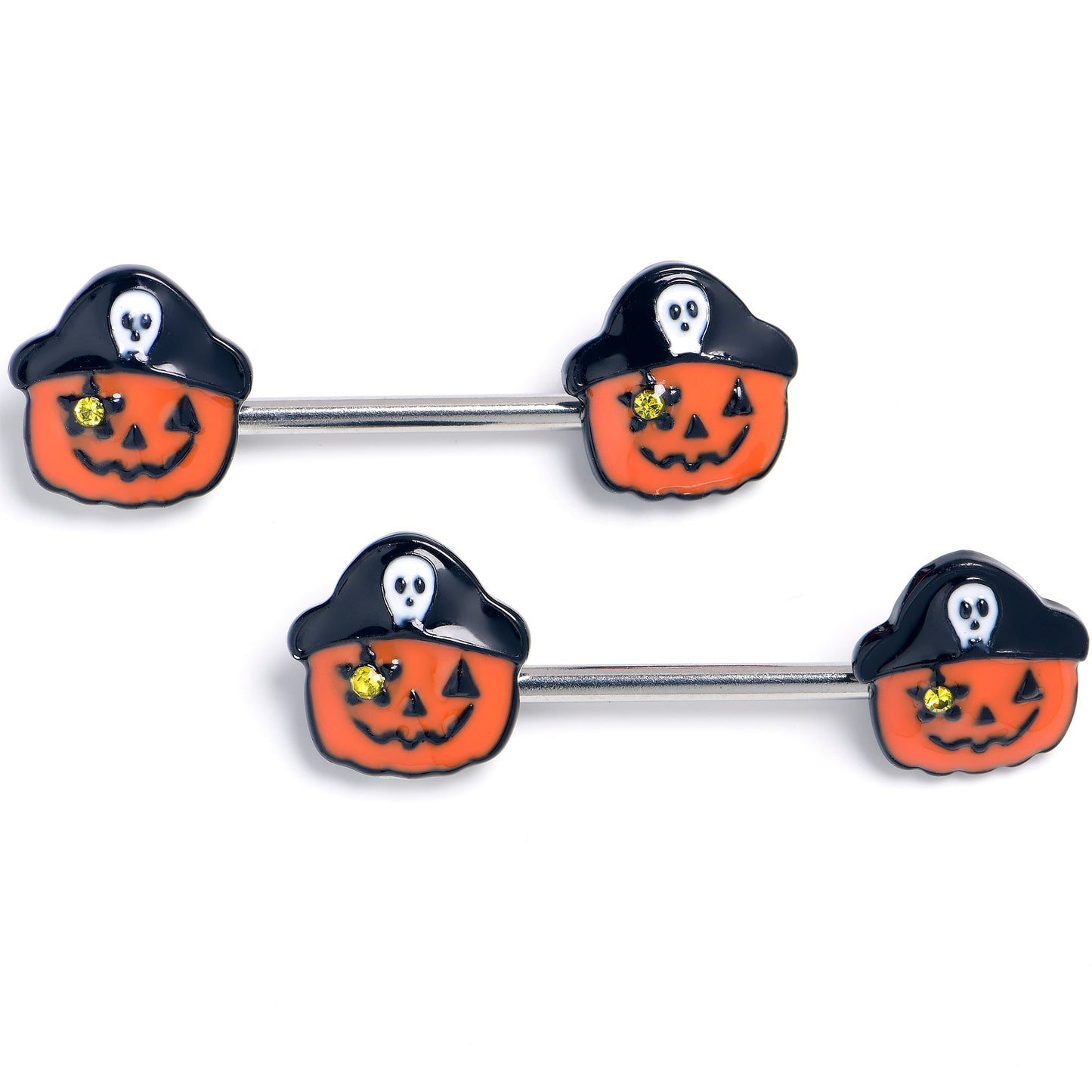 14G 9/16 Yellow Gem Orange Pirate Pumpkin Barbell Nipple Ring Set