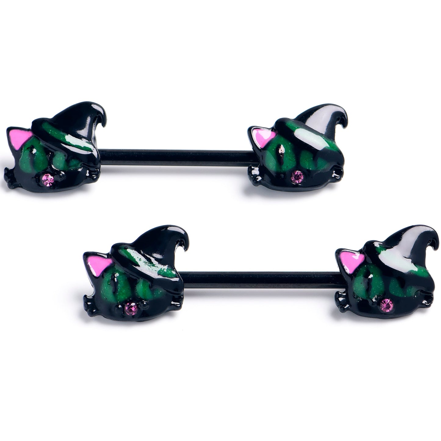 14G 9/16 Pink Gem Black Halloween Hat Cat Barbell Nipple Ring Set
