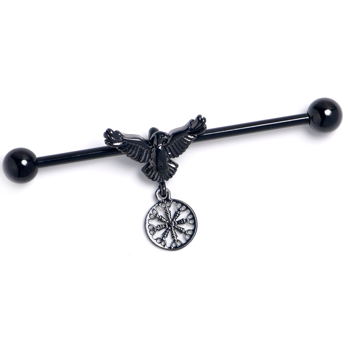 14G Black Raven Bird Wheel Dangle Industrial Barbell 38mm