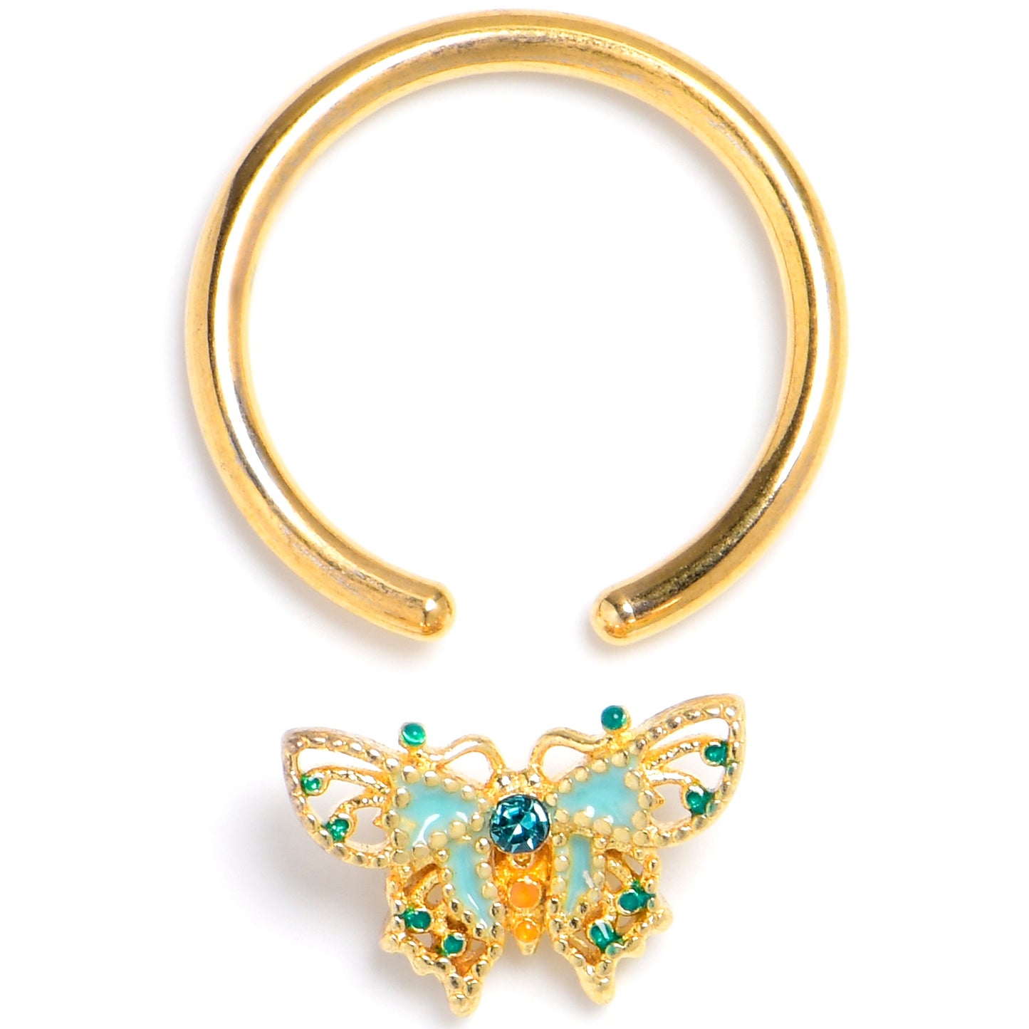 16G 3/8 Blue Gem Gold Tone Rococo Butterfly BCR Captive Ring
