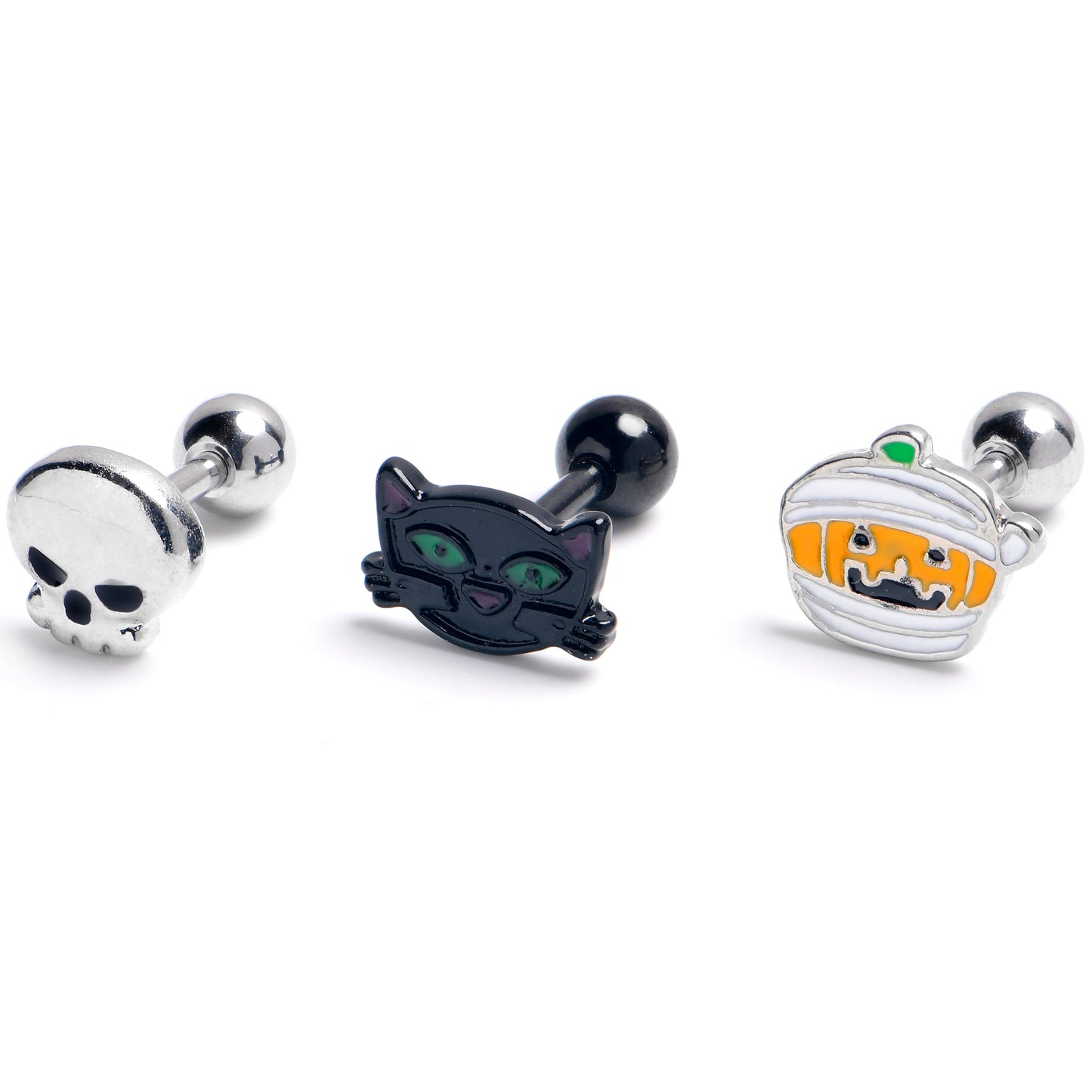 16G 1/4 Black Cat Skull Halloween Cartilage Tragus Earring Set of3
