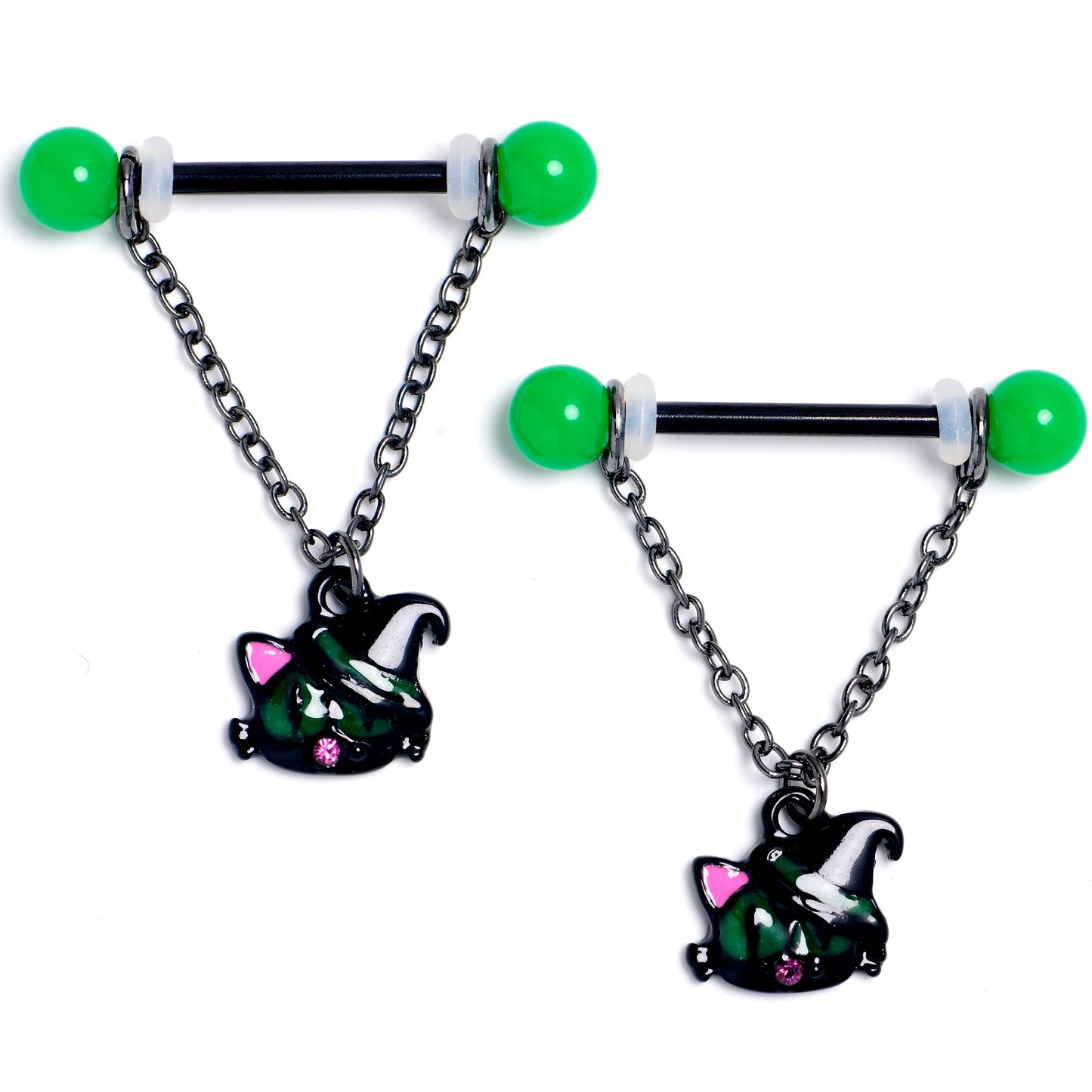 14G 9/16 Pink Gem Black Halloween Hat Cat Dangle Nipple Ring Set