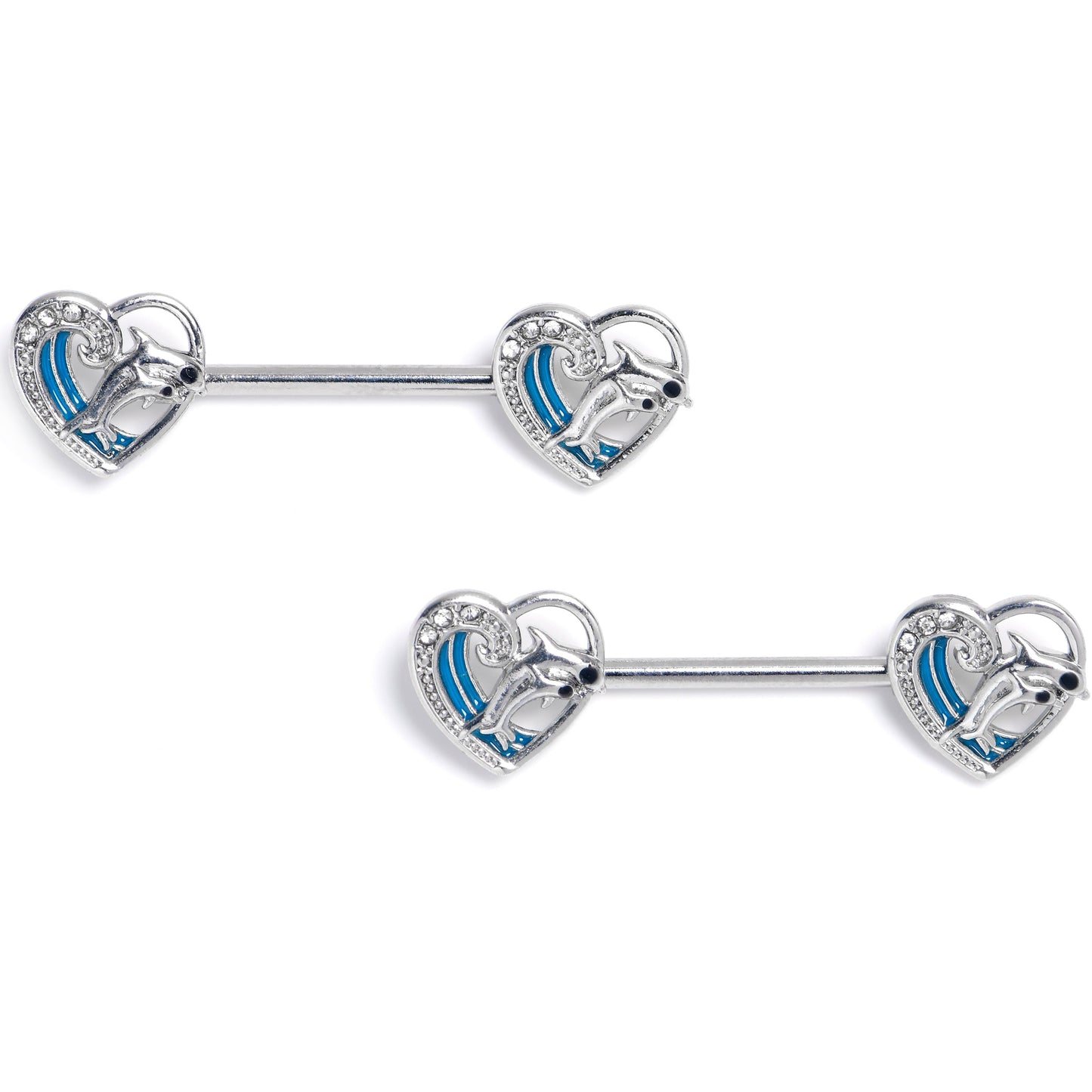 14G 9/16 Clear Gem Dolphin Heart Delight Barbell Nipple Ring Set