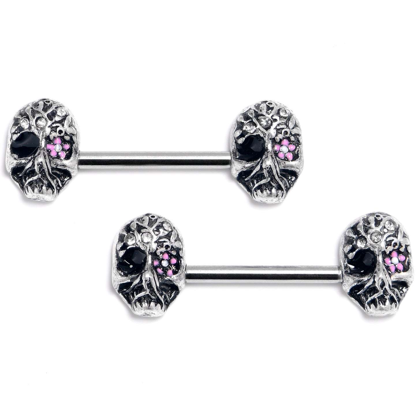 14G 9/16 Clear Gem Stylish Skull Barbell Nipple Ring Set