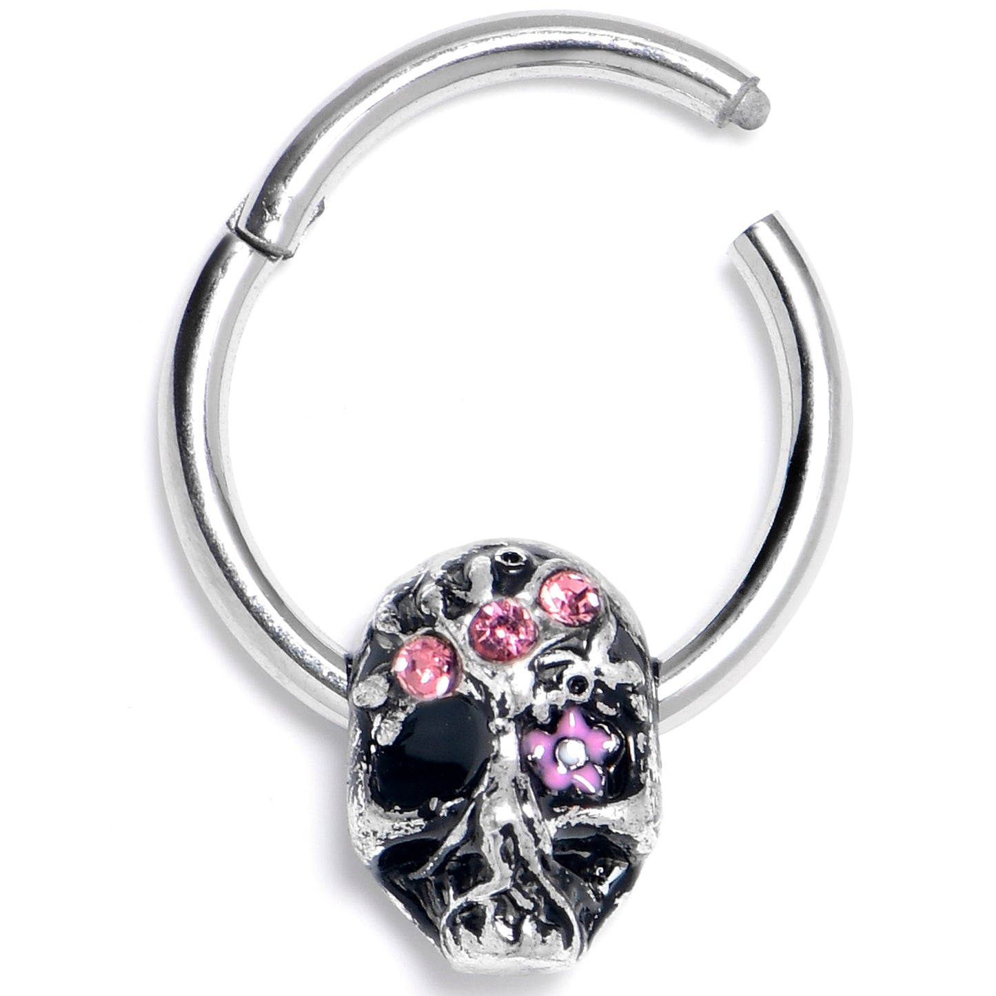 16G 3/8 Pink Gem Stylish Skull Hinged Segment Ring