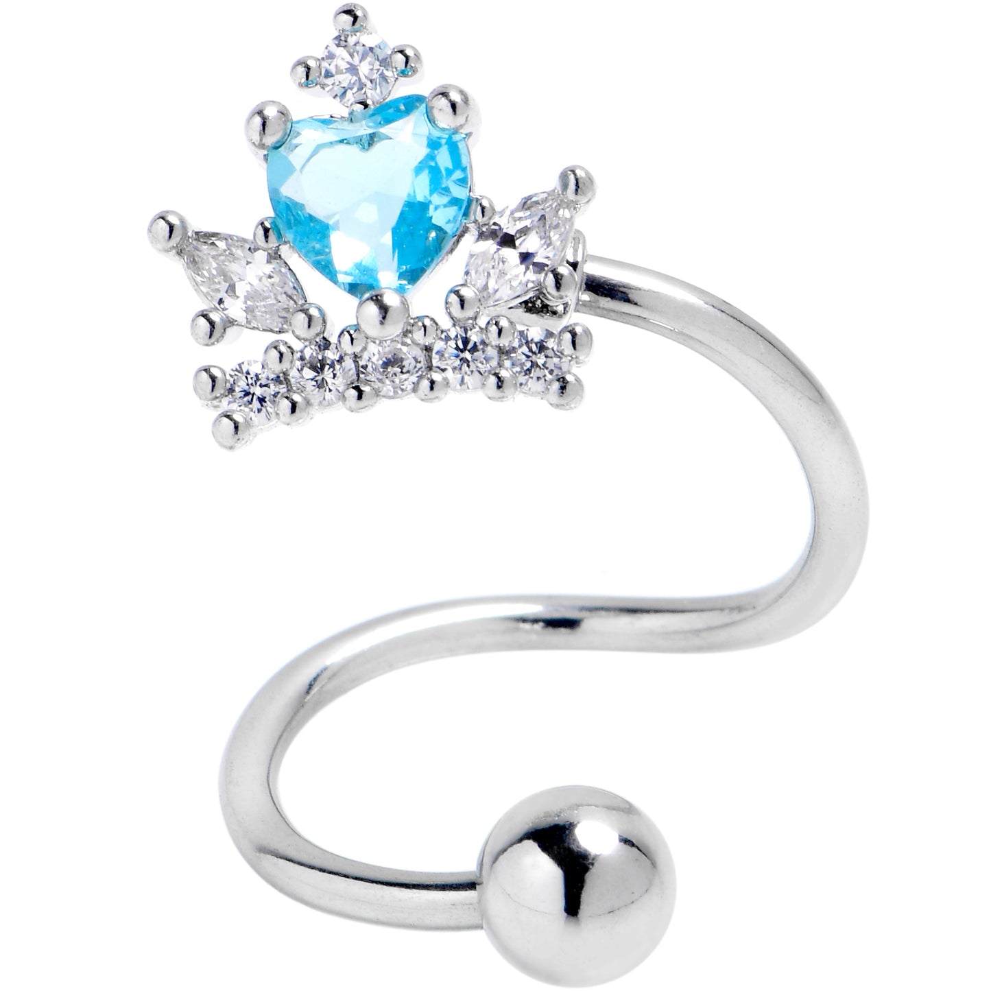 16G 3/8 Clear Blue Gem Crown Heart Spiral Twister Cartilage Ring