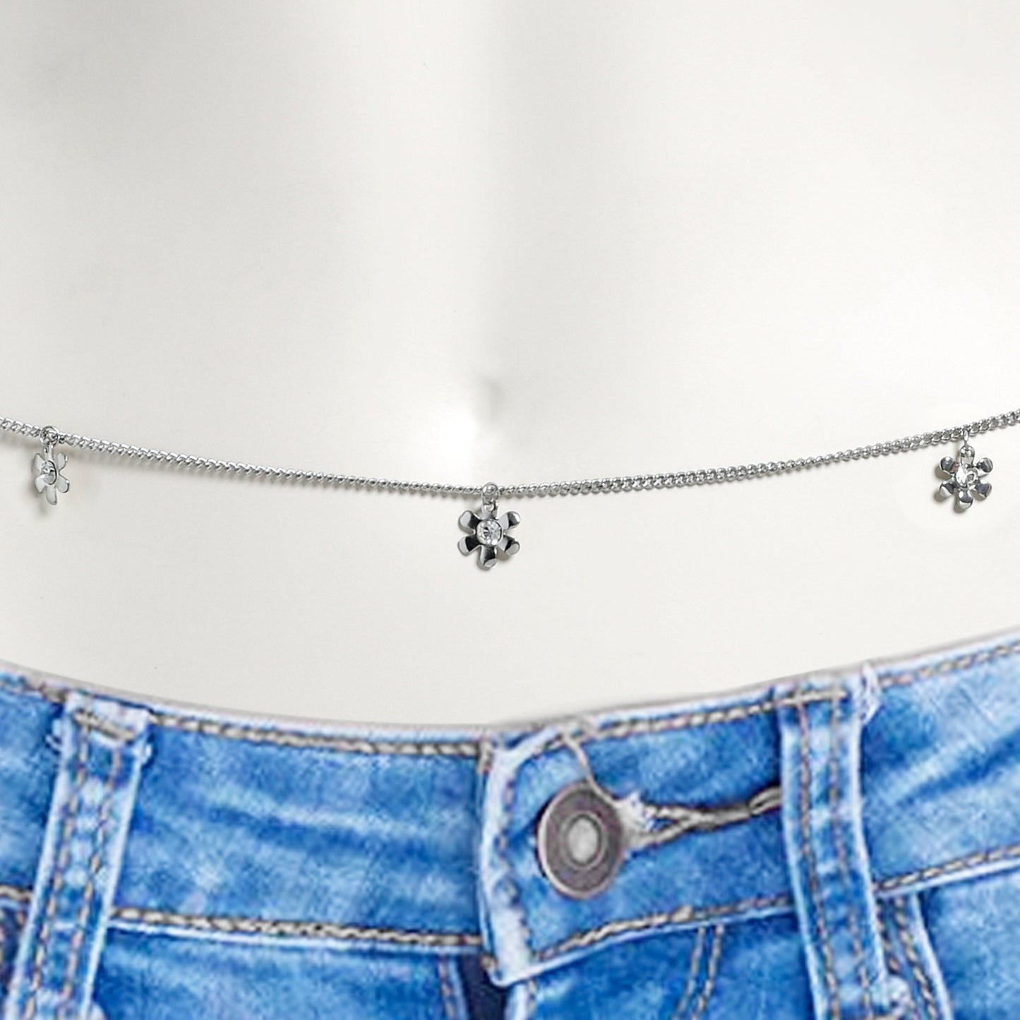 Clear Gem Simple Hippie Flower Dangle Belly Chain