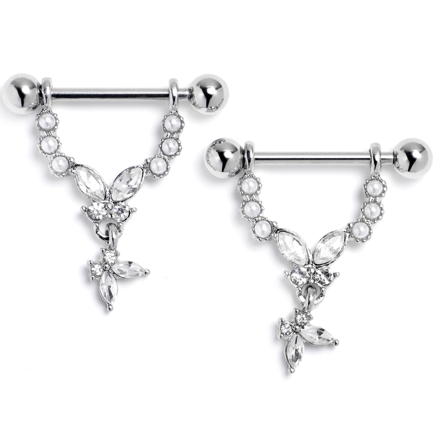 14G 9/16 Clear Gem Double Butterfly Glam Dangle Nipple Ring Set