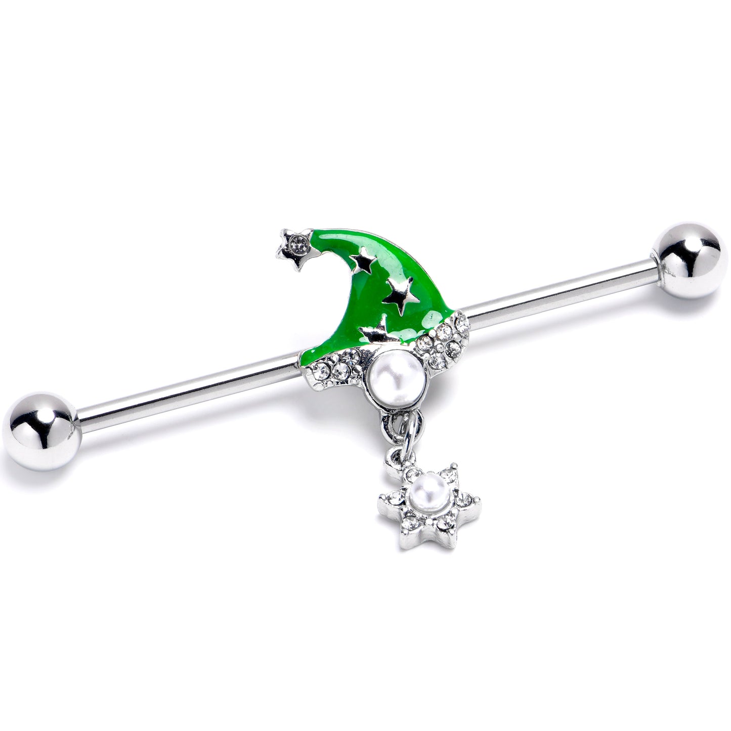 14G Clear Gem Santa Hat Stars Green Dangle Industrial Barbell 38mm