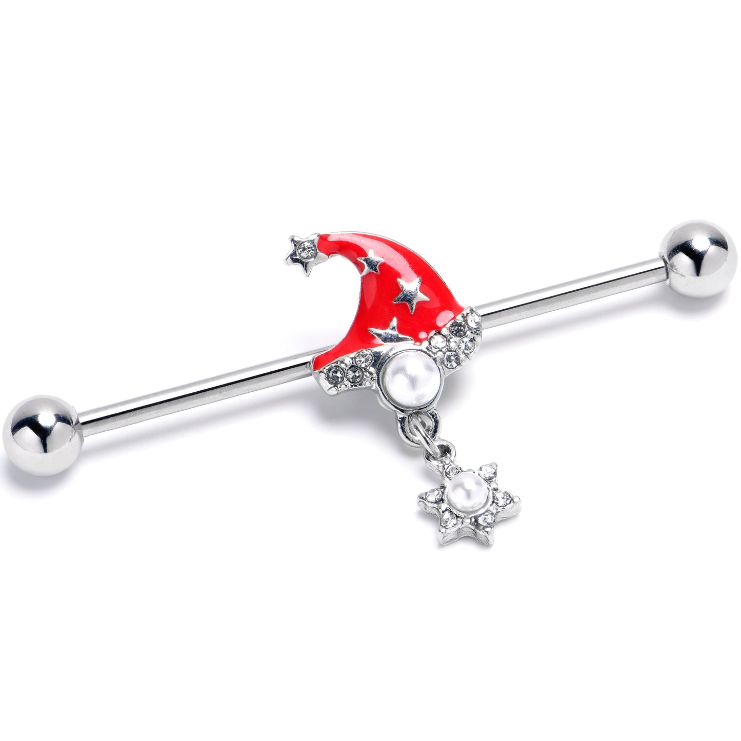 14G Clear Gem Santa Hat Stars Red Dangle Industrial Barbell 38mm