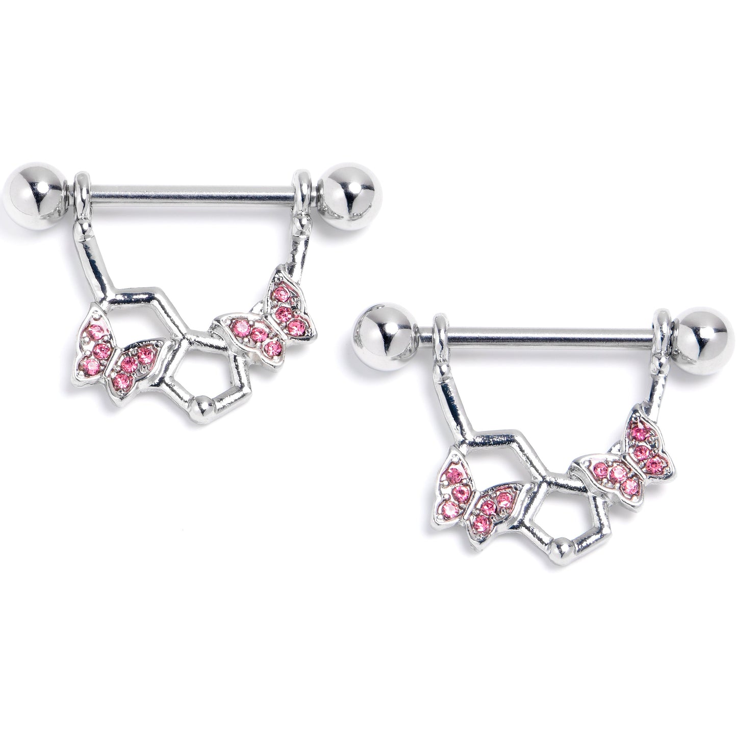 14G 9/16 Pink Gem Hexagon Butterfly Dangle Nipple Ring Set