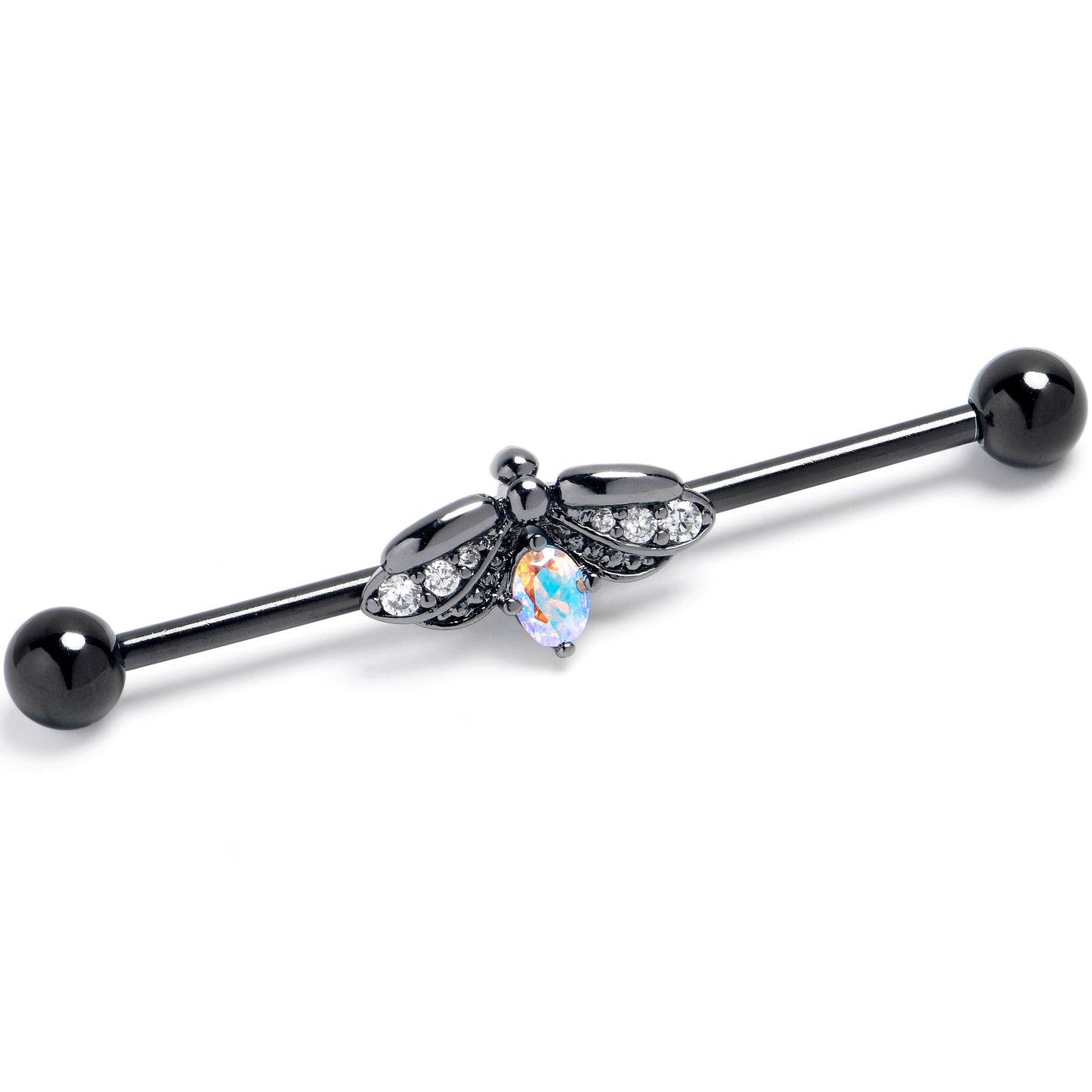 14G Aurora Clear Gem Black Gothic Butterfly Industrial Barbell 38mm