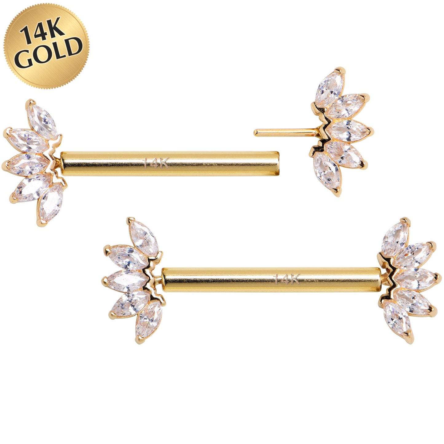 14G 9/16 Solid 14k Yellow Gold CZ Floral Push In Threadless Nipple Ring Set