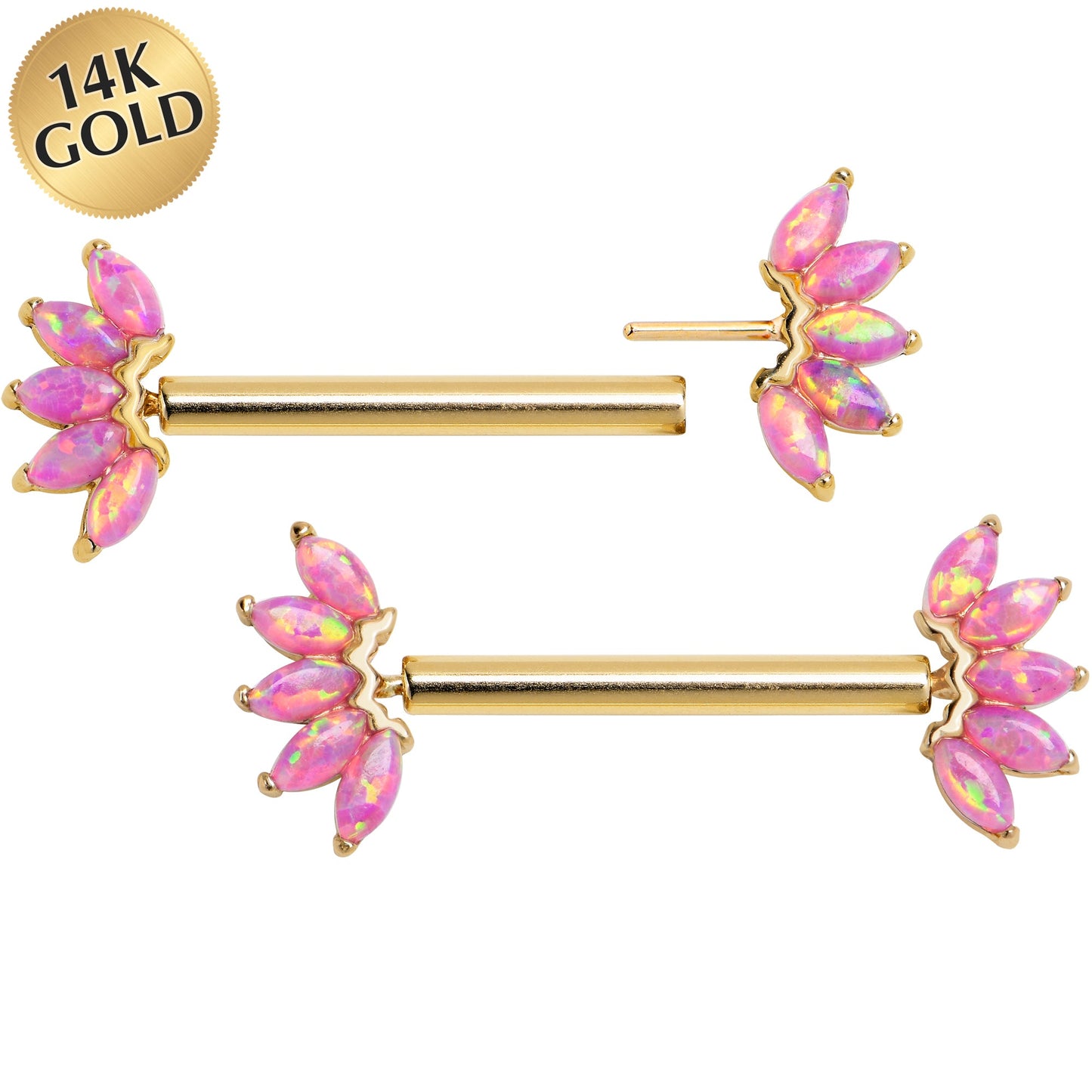 14G 9/16 Solid 14k Yellow Gold Synthetic Opal Floral Push In Threadless Nipple Ring Set