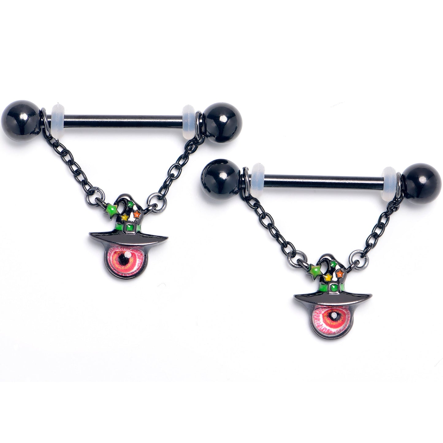 14G 9/16 Red Eye Witch Hat Chain Dangle Nipple Ring Set