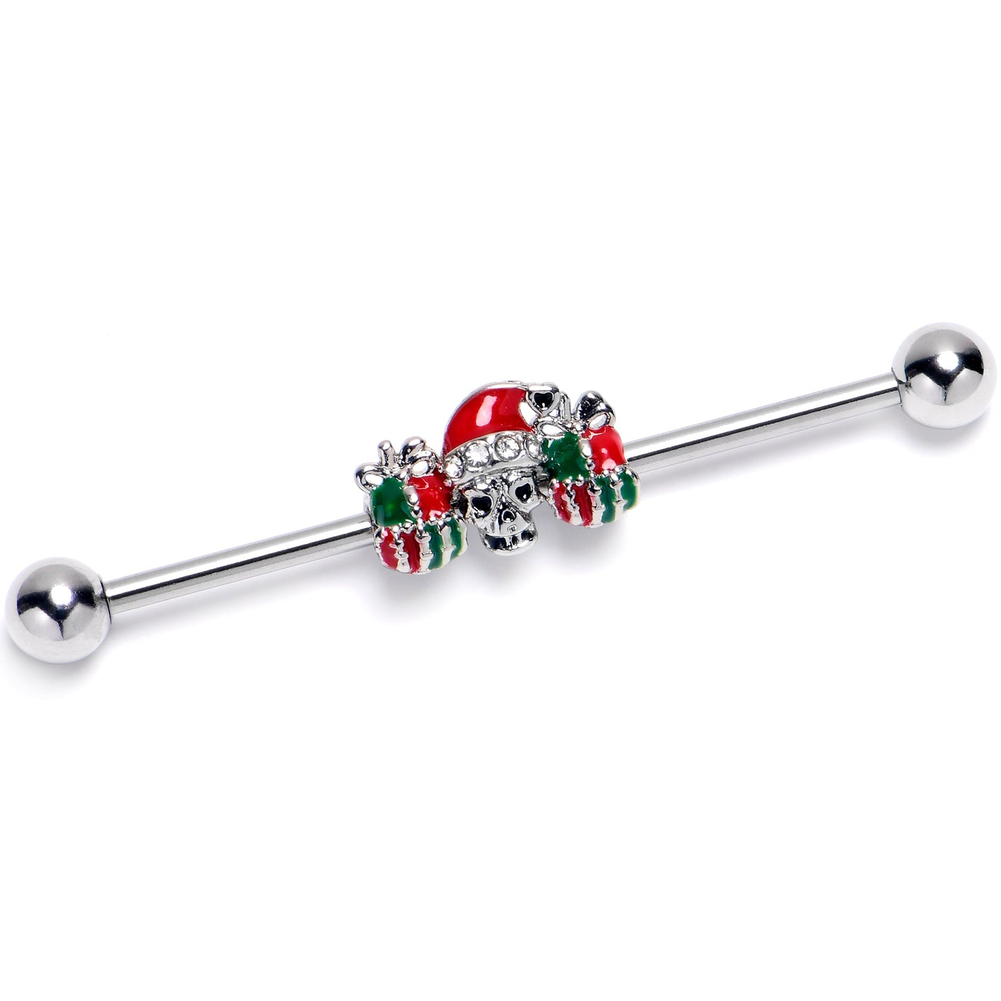 14G Clear Gem Santa Hat Skull Gifts Industrial Barbell 38mm