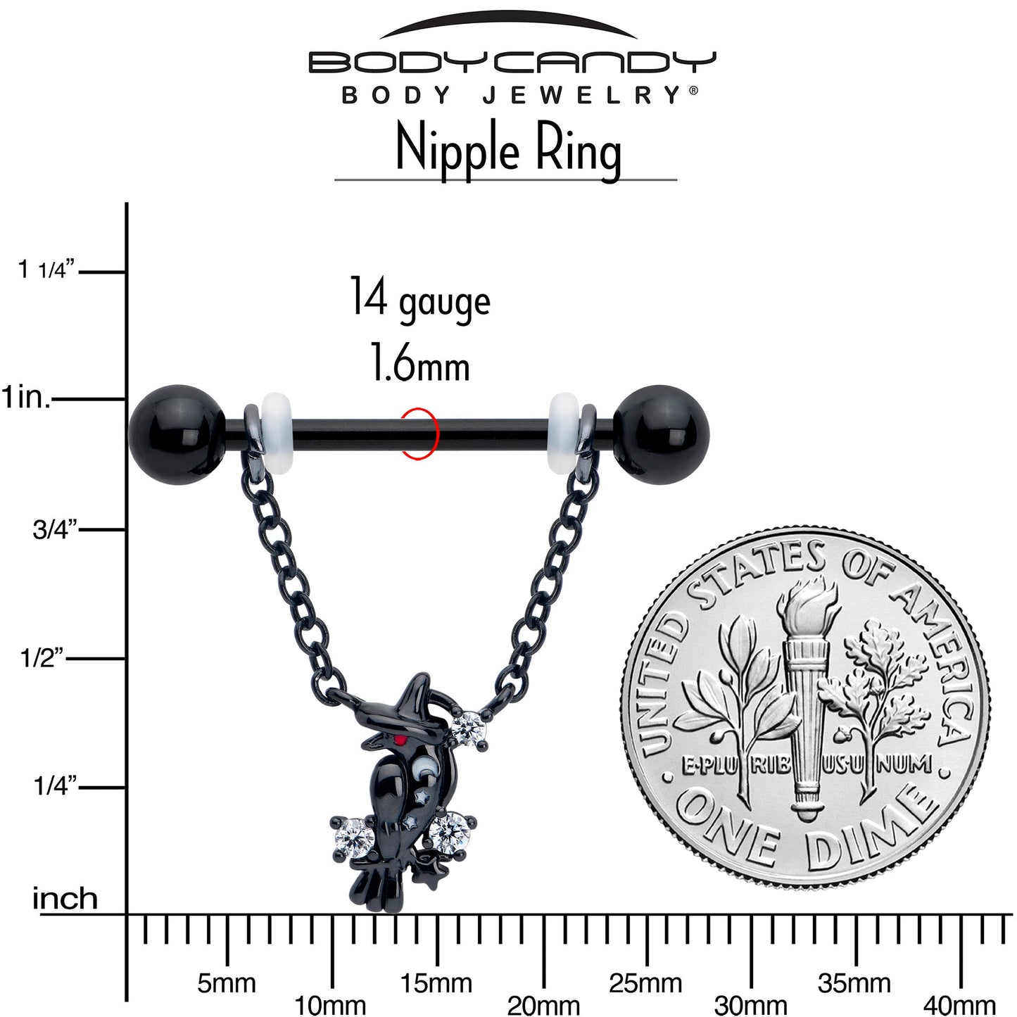 14G 9/16 Clear CZ Gem Black Raven Witch Dangle Nipple Ring Set