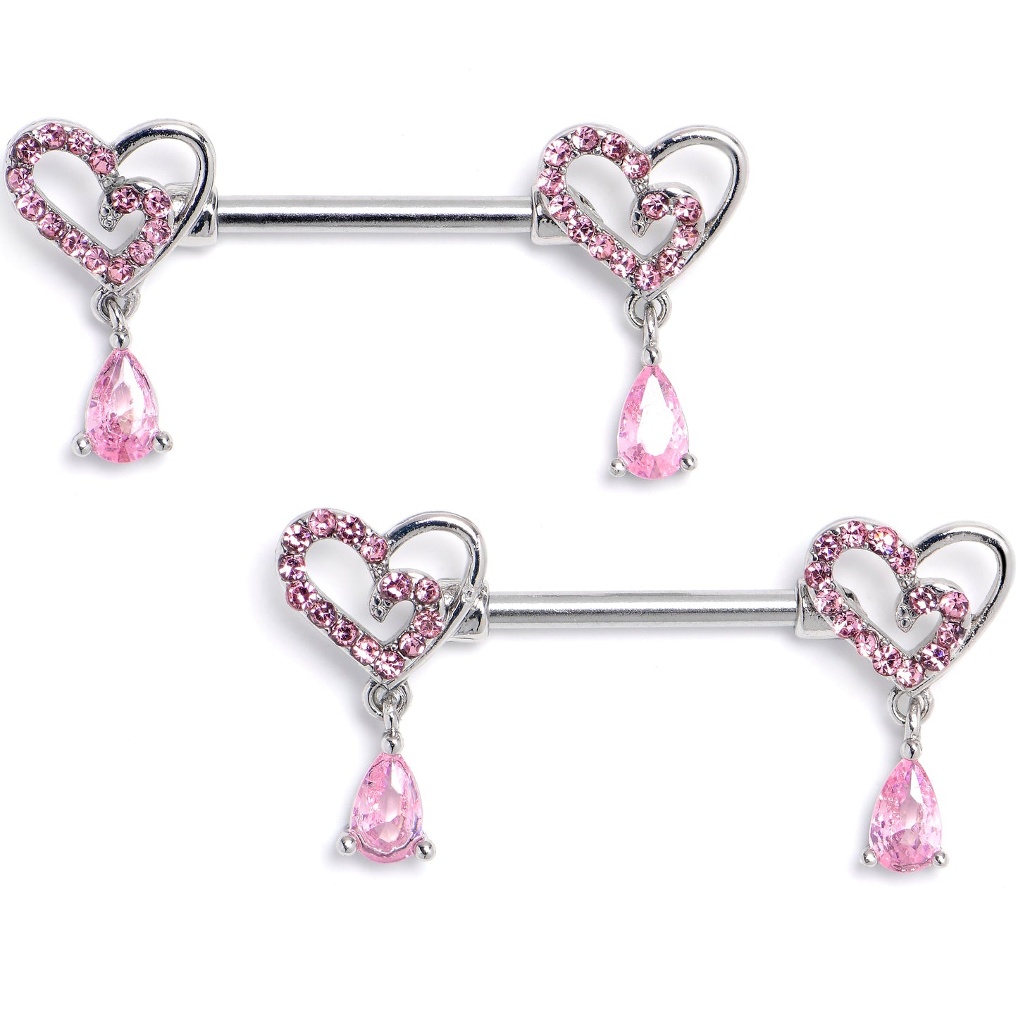 14G 9/16 Pink CZ Gem Asymmetrical Heart Dangle Nipple Ring Set