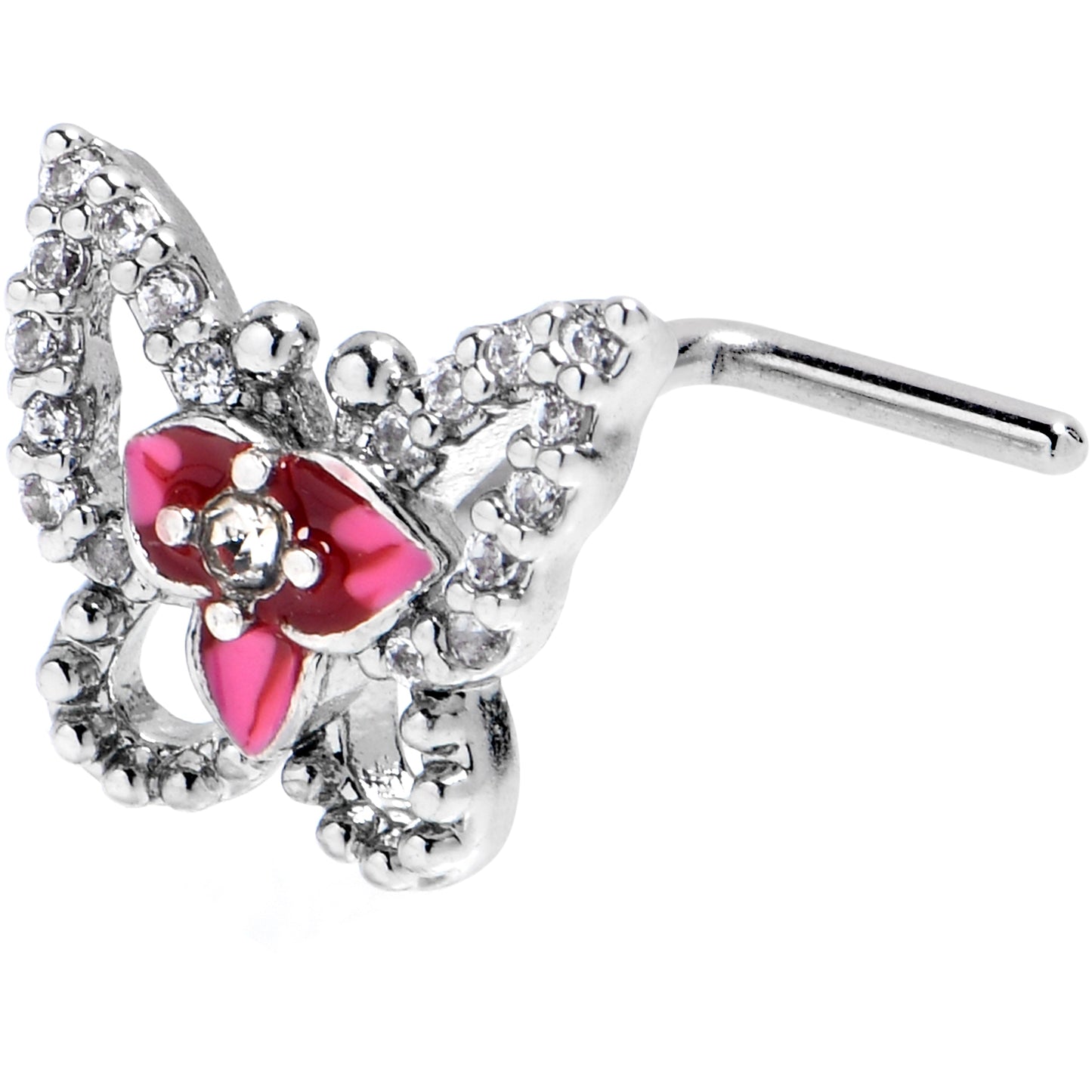 20G 7mm Clear Gem Fabulous Butterfly Pink L Shape Nose Ring