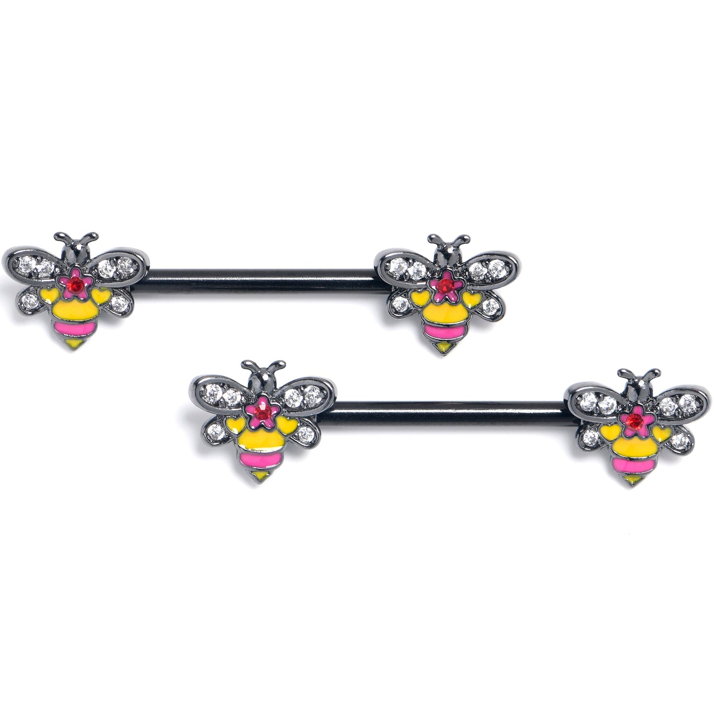 14G 9/16 Clear CZ Gem Black Bright Bee Beauty Nipple Ring Set