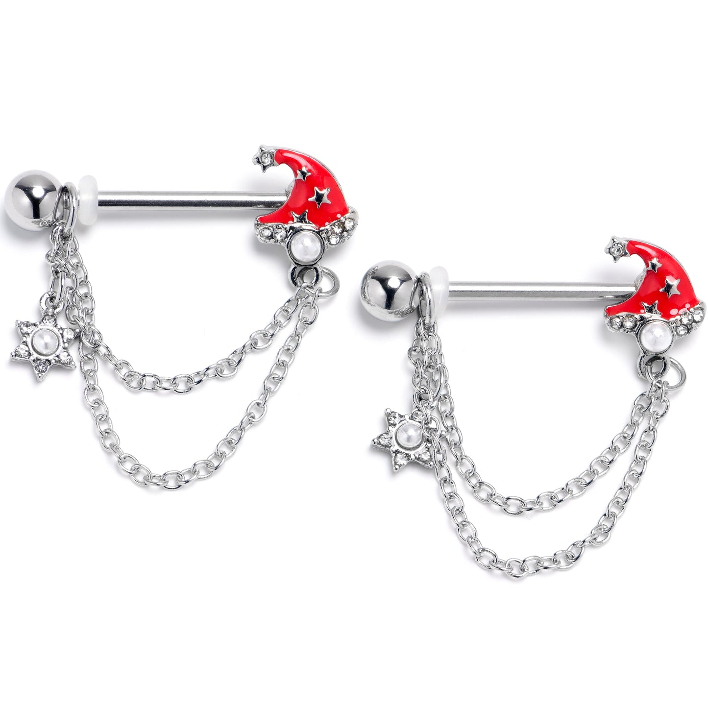 14G 9/16 Clear Gem Santa Hat Stars Red Dangle Nipple Ring Set