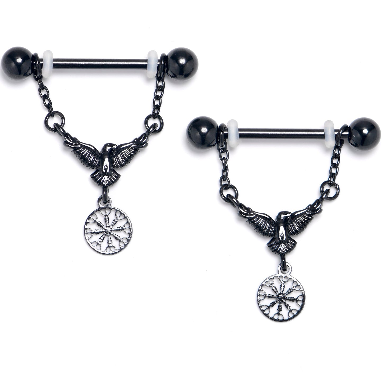 14G 9/16 Black Raven Bird Wheel Dangle Nipple Ring Set