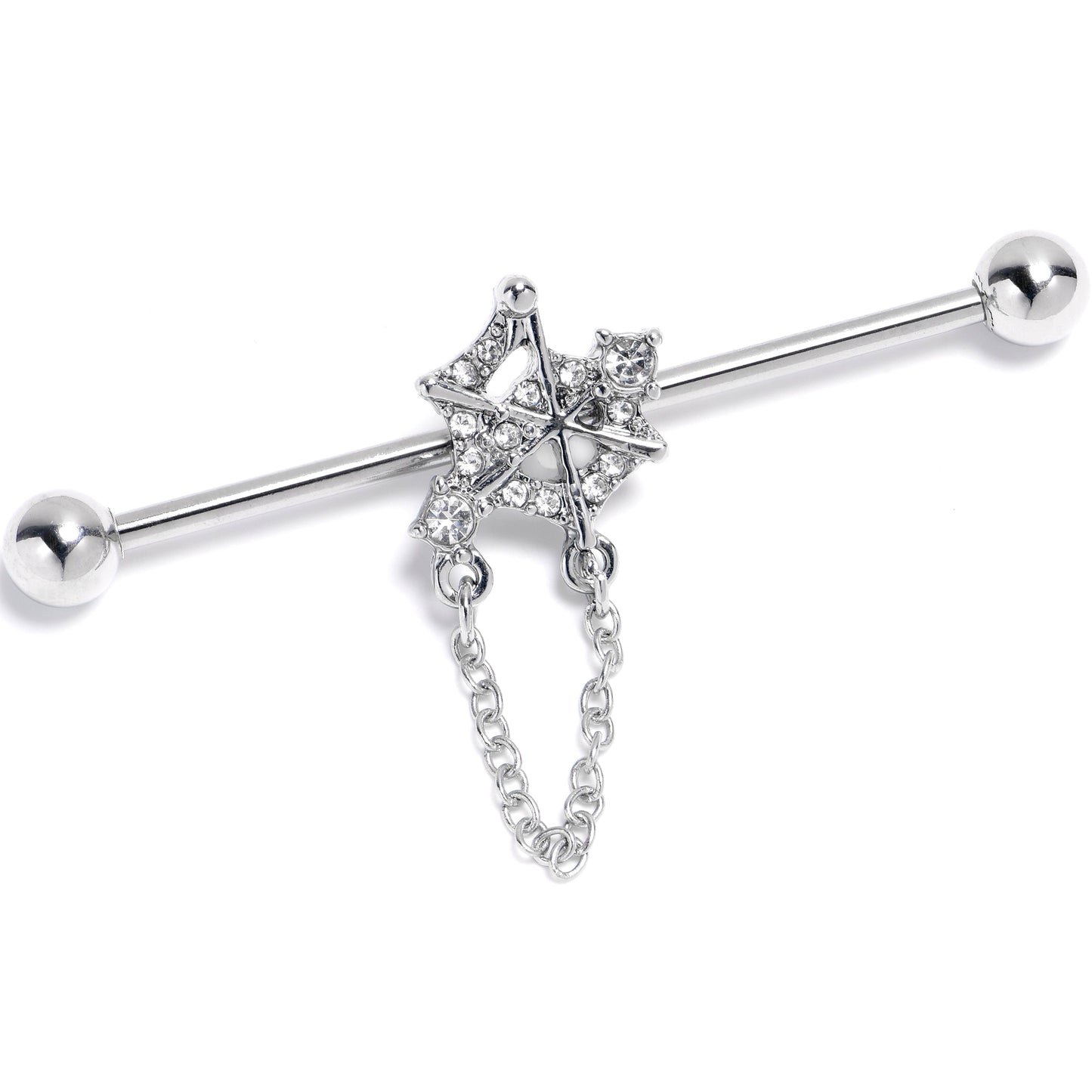 14G Clear Gem Spiderweb Chain Dangle Industrial Barbell 38mm