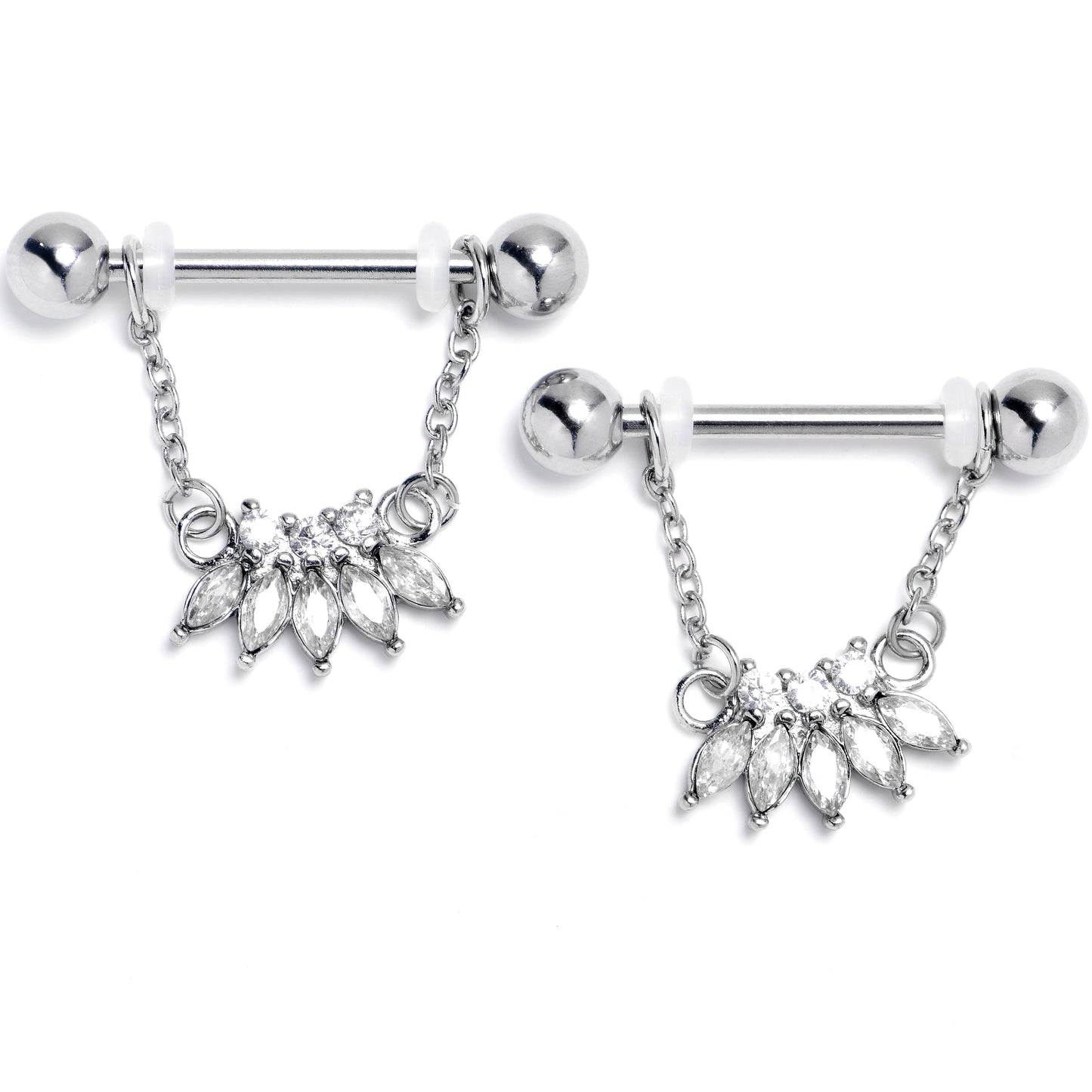 14G 9/16 Clear Gem Fashion Fan Chain Dangle Nipple Ring Set