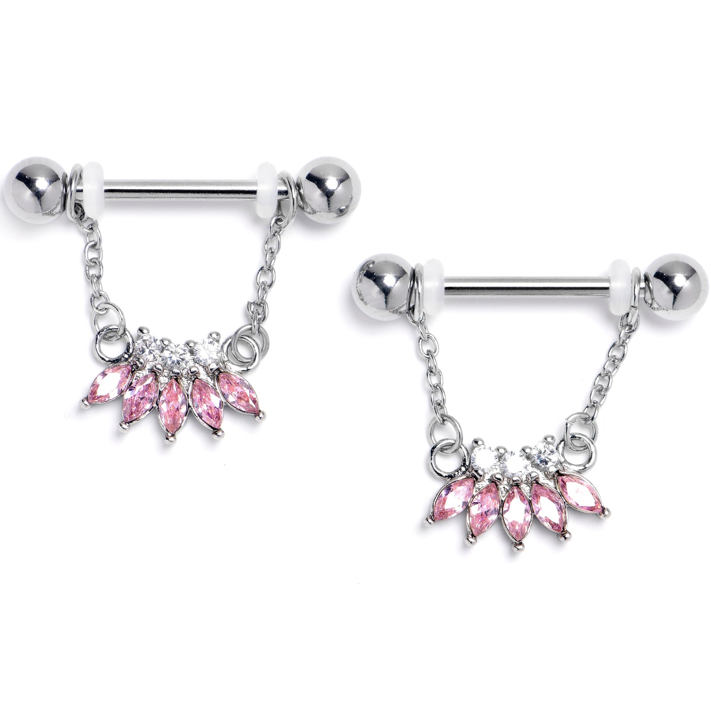 14G 9/16 Pink Gem Fashion Fan Chain Dangle Nipple Ring Set
