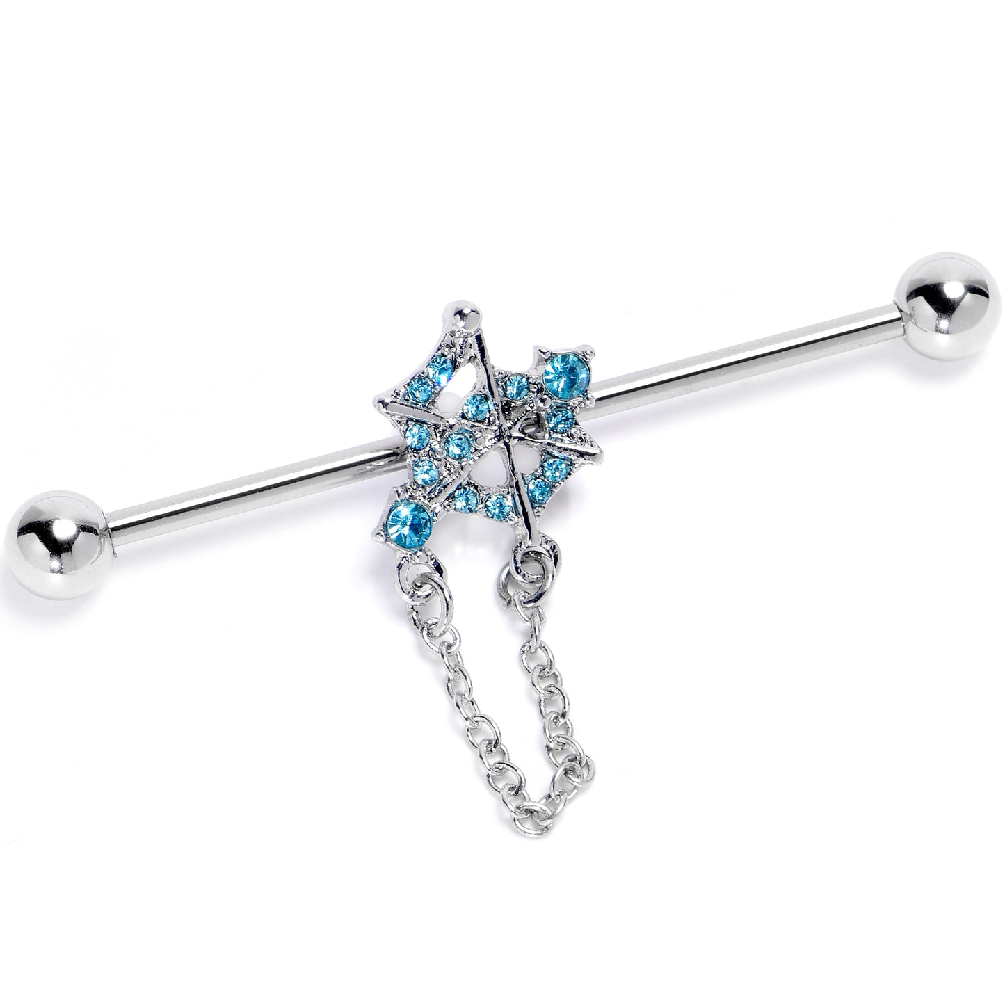 14G Blue Gem Spiderweb Chain Dangle Industrial Barbell 38mm