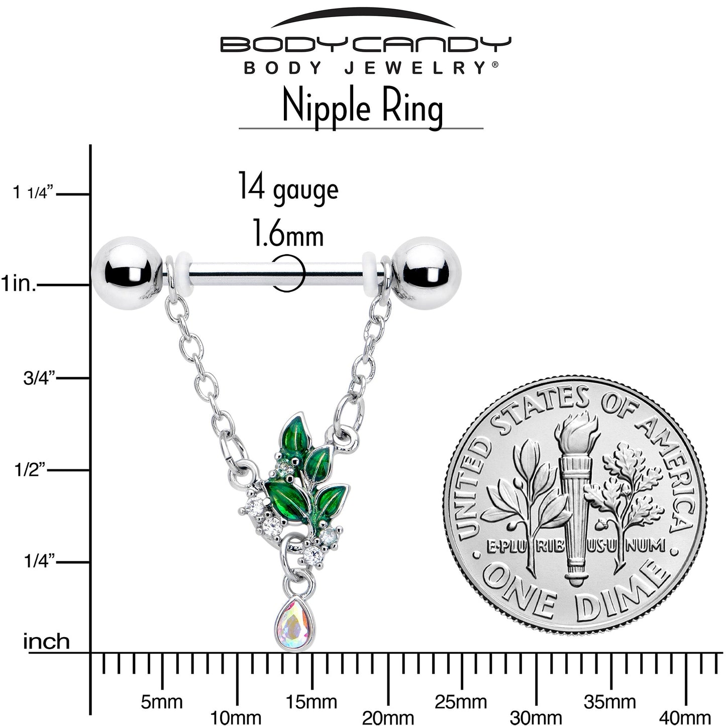 14G 9/16 Aurora CZ Gem Morning Leaves Chain Dangle Nipple Ring Set