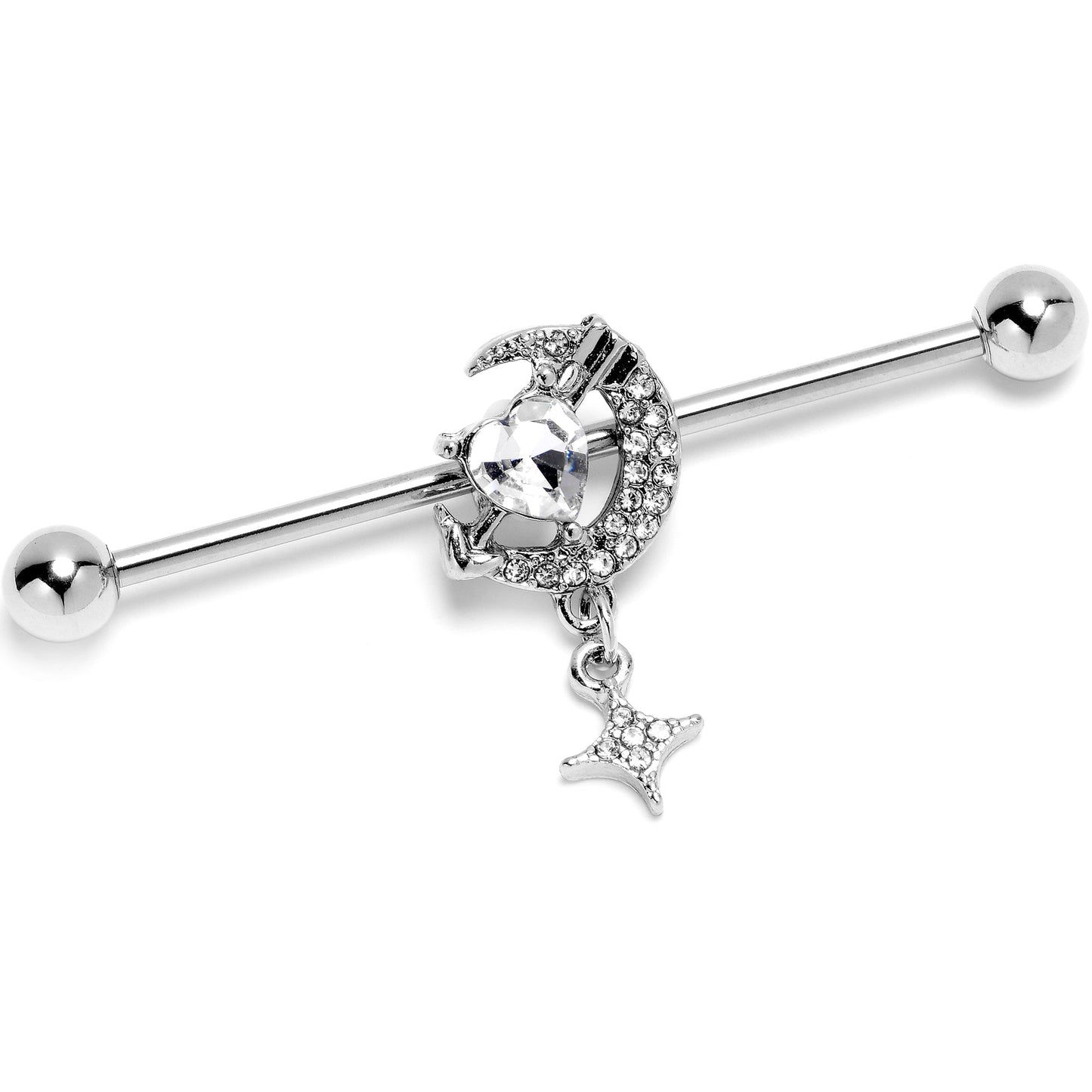 14G Clear Gem Moon Lover Dangle Industrial Barbell 38mm