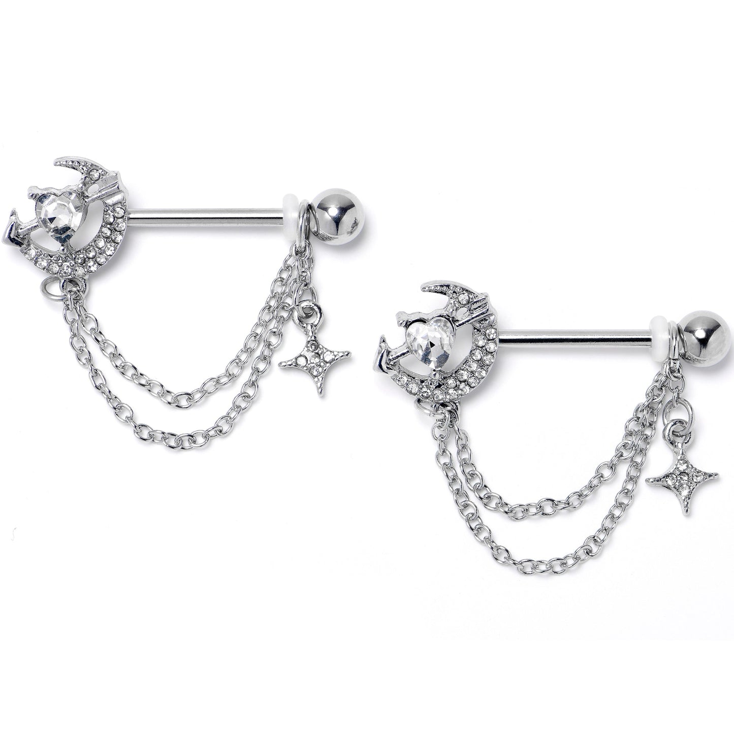 14G 9/16 Clear Gem Moon Lover Chain Dangle Nipple Ring Set
