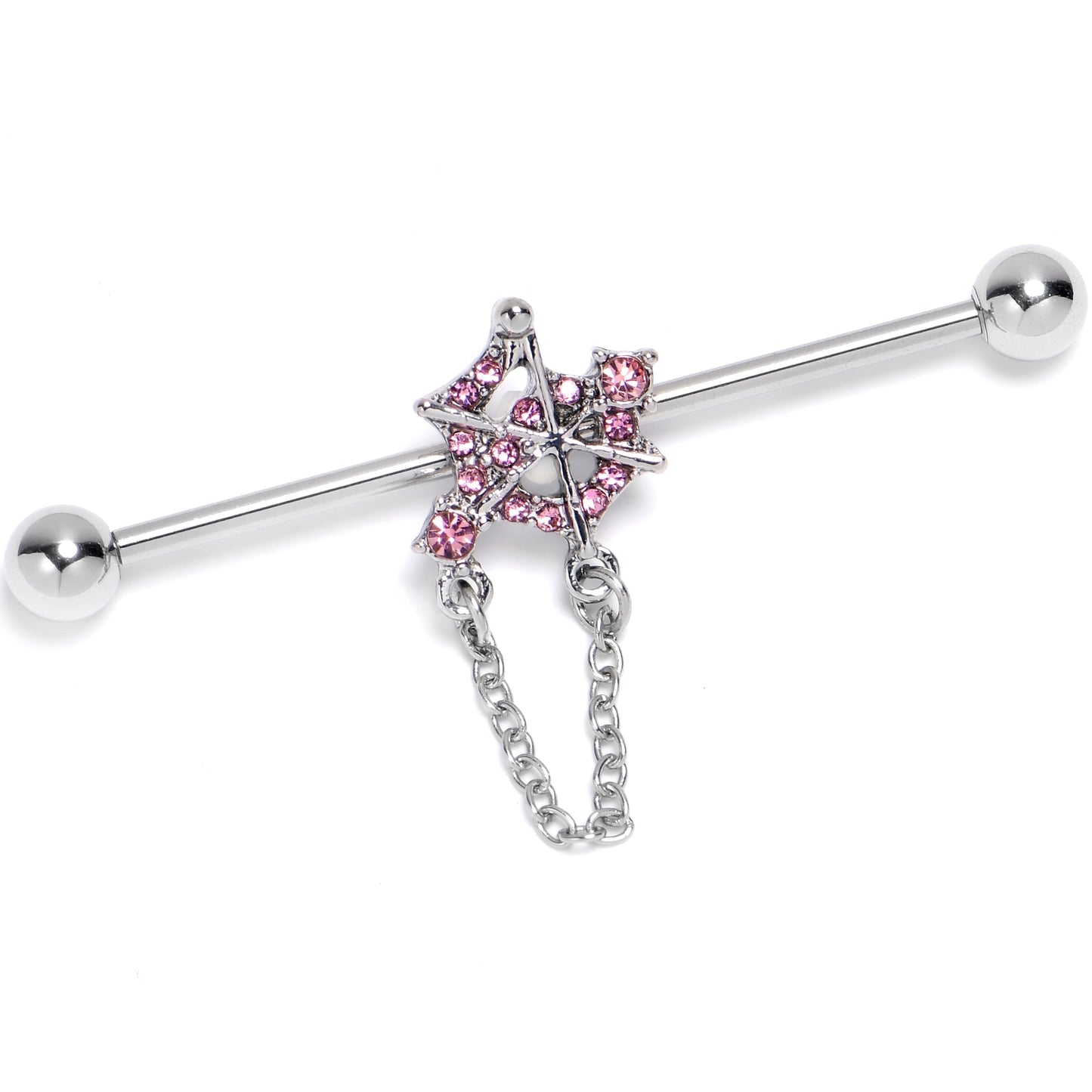 14G Pink Gem Spiderweb Chain Dangle Industrial Barbell 38mm