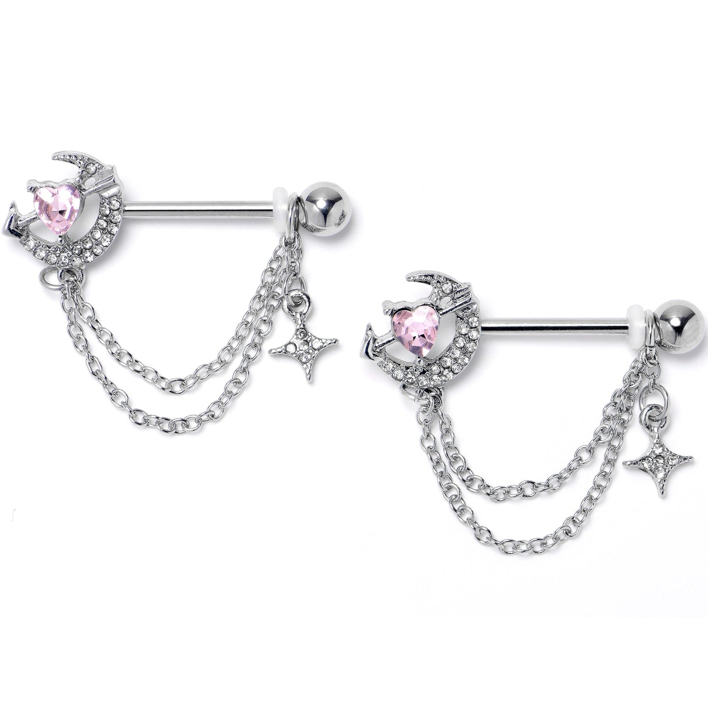 14G 9/16 Pink Clear Gem Moon Lover Chain Dangle Nipple Ring Set