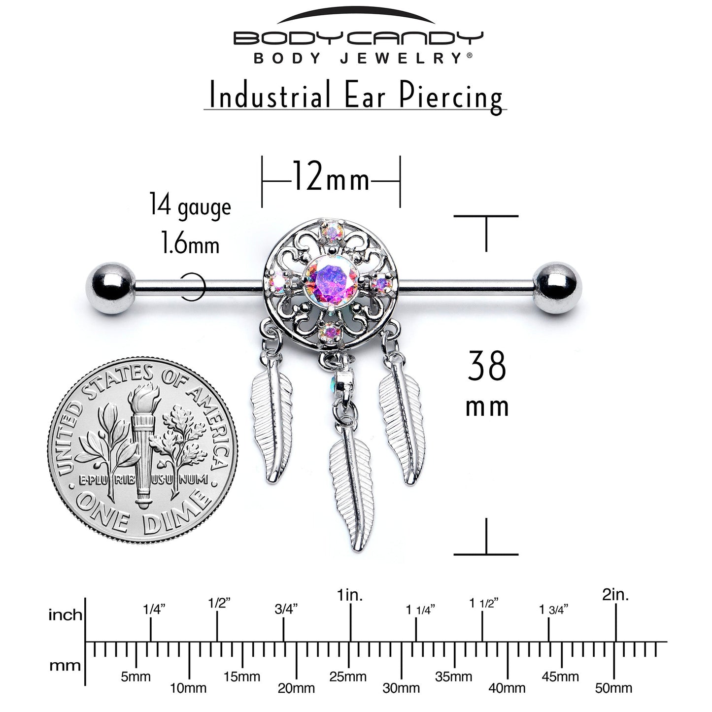 14G Aurora CZ Gem Dreamcatcher Dangle Industrial Barbell 38mm