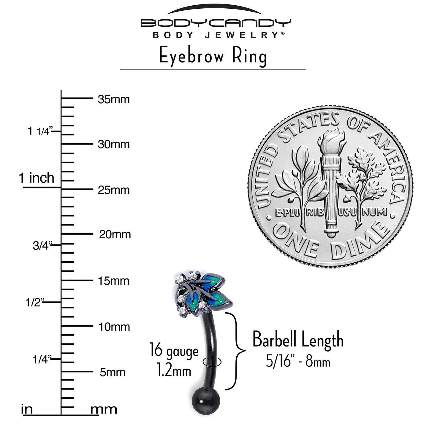 16G 5/16 Clear CZ Gem Black Lush Leaves Curved Eyebrow Ring