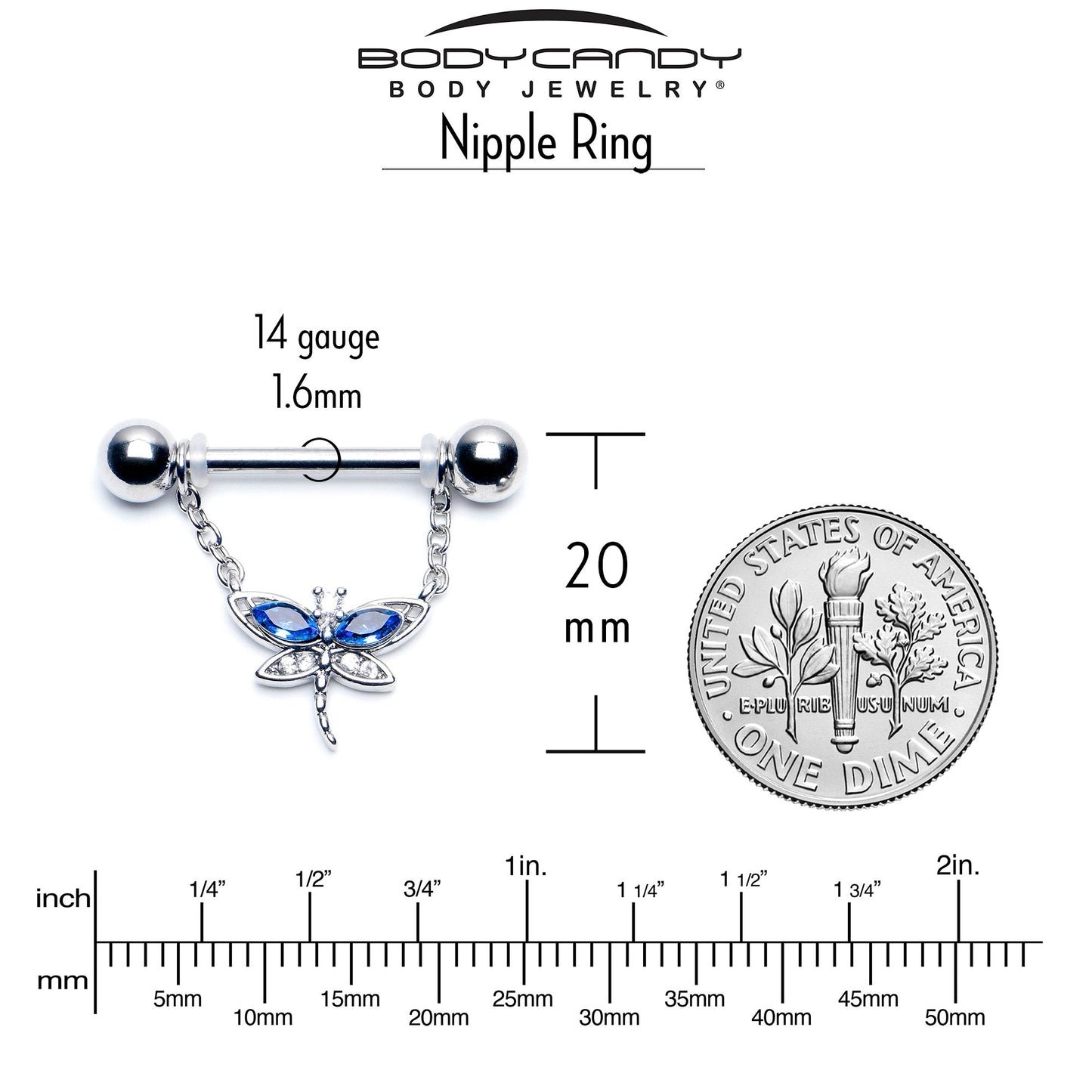 14G 9/16 Blue CZ Gem Dragonfly Dream Dangle Nipple Ring Set