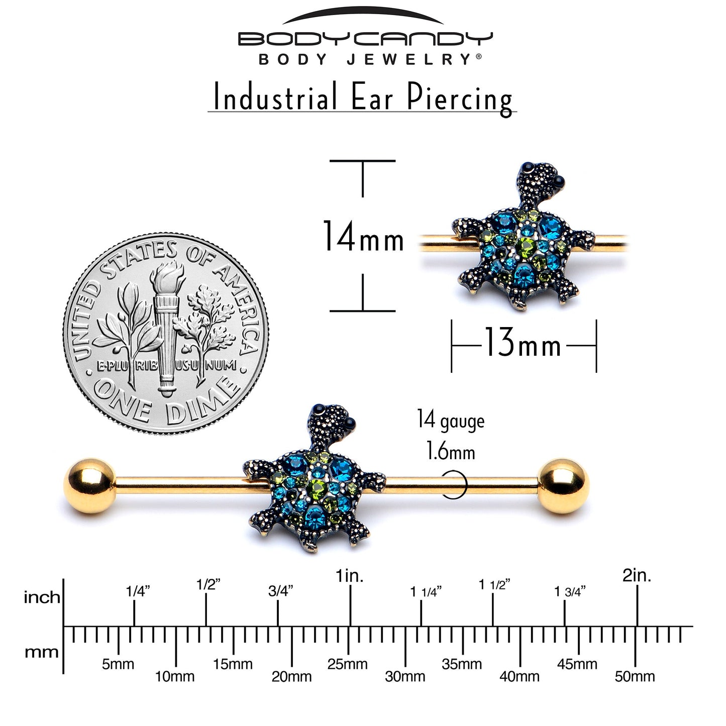14G Blue Gem Gold Tone Sweet Sea Turtle Industrial Barbell 38mm