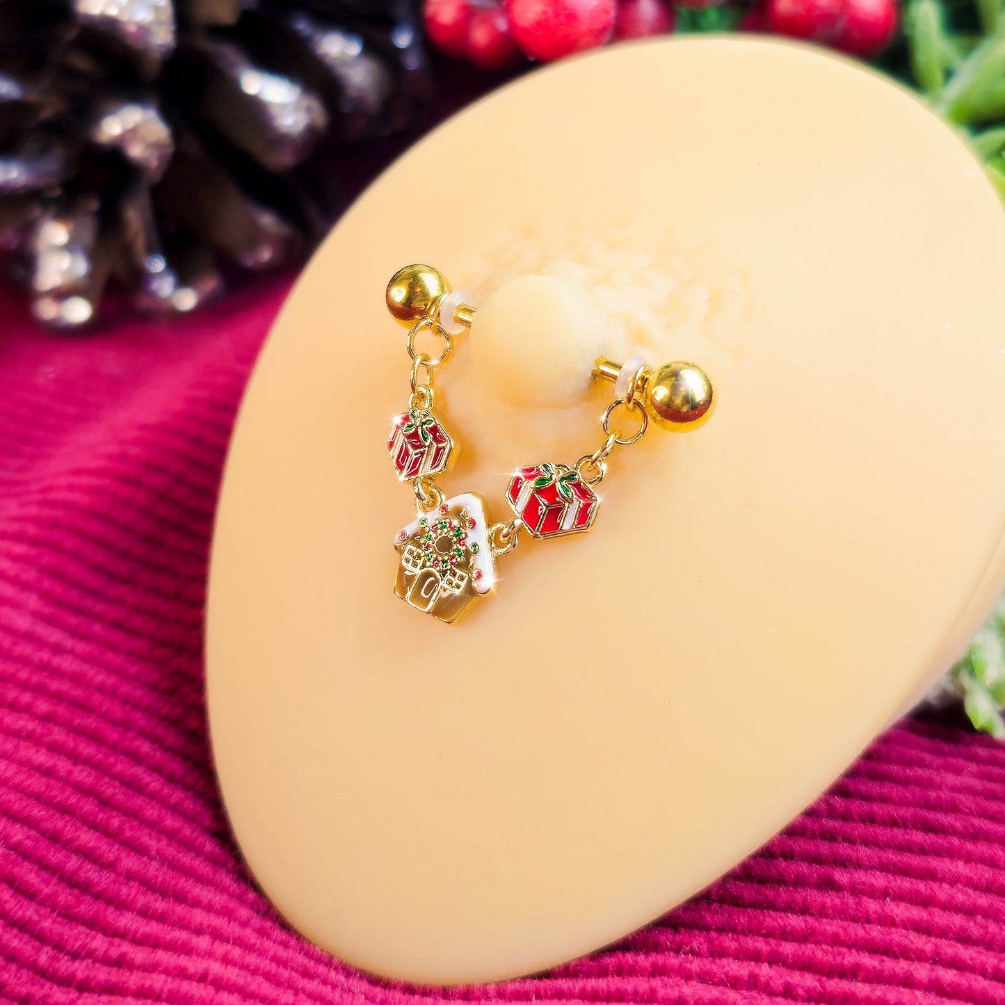 14G 9/16 Gold Tone Gingerbread House Dangle Nipple Ring Set