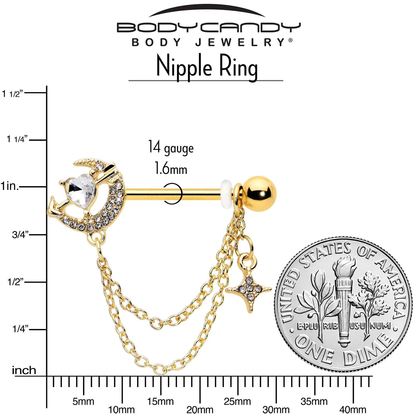 14G 9/16 Clear Gem Gold Tone Moon Lover Dangle Nipple Ring Set