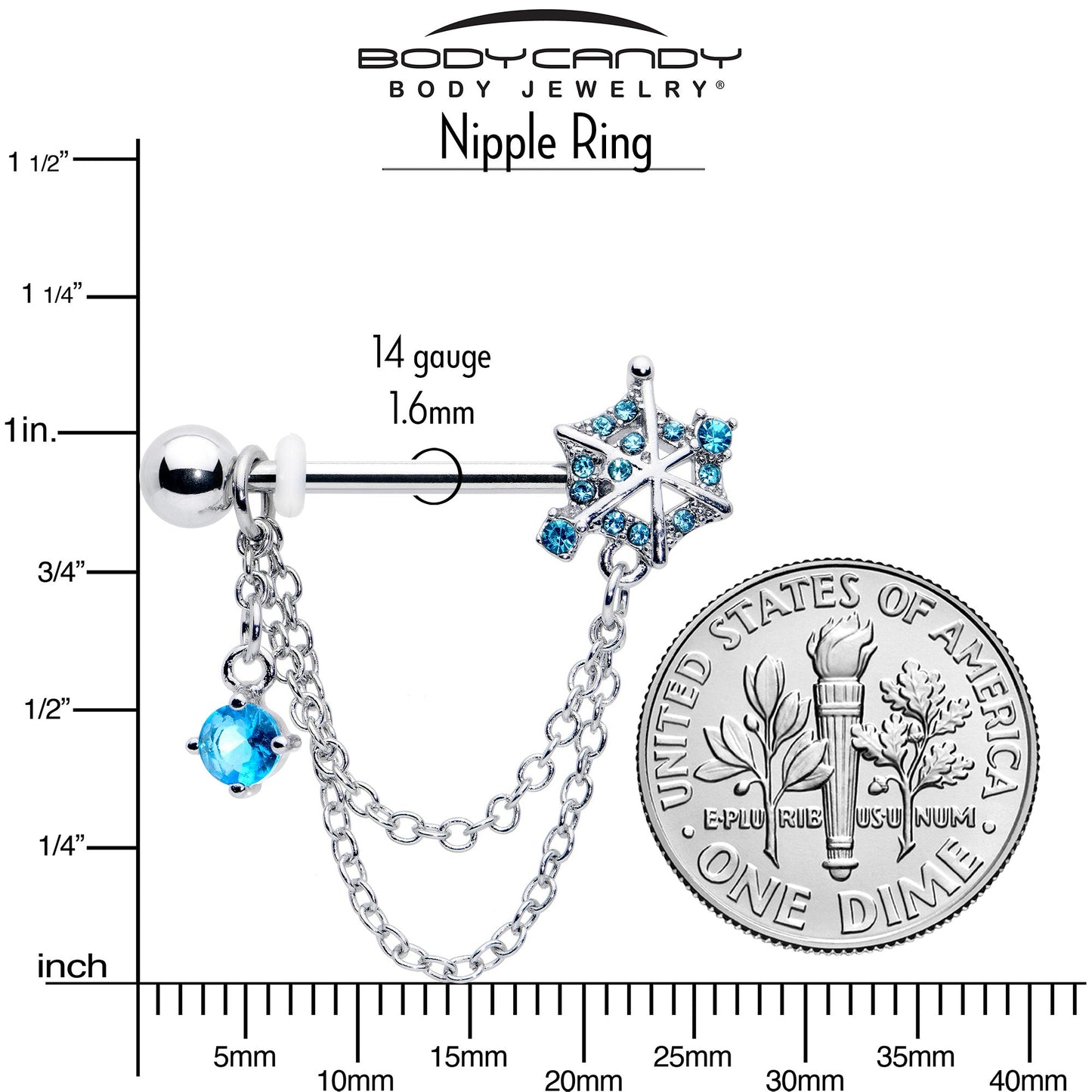 14G 9/16 Blue CZ Gem Spiderweb Chain Dangle Nipple Ring Set