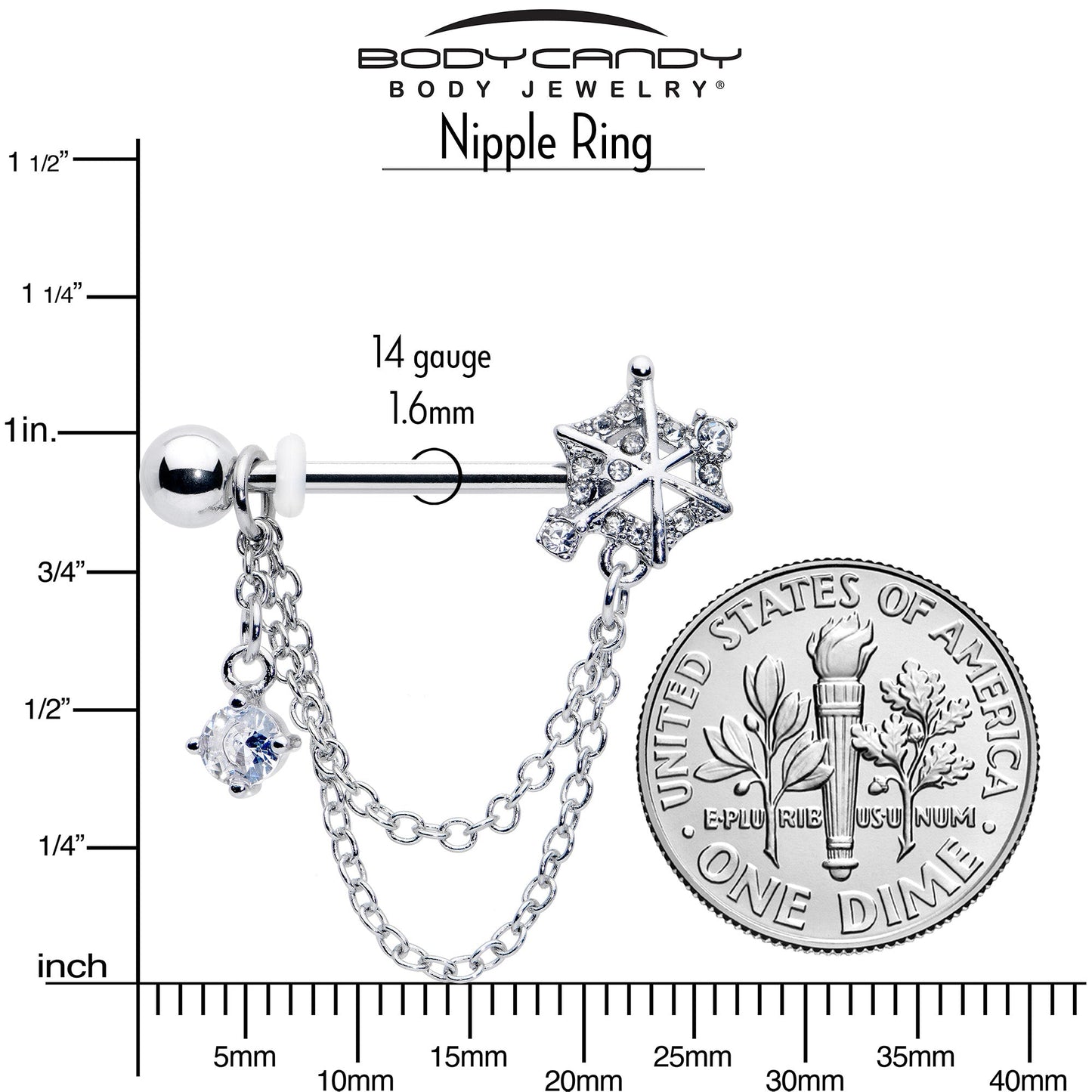 14G 9/16 Clear CZ Gem Spiderweb Chain Dangle Nipple Ring Set