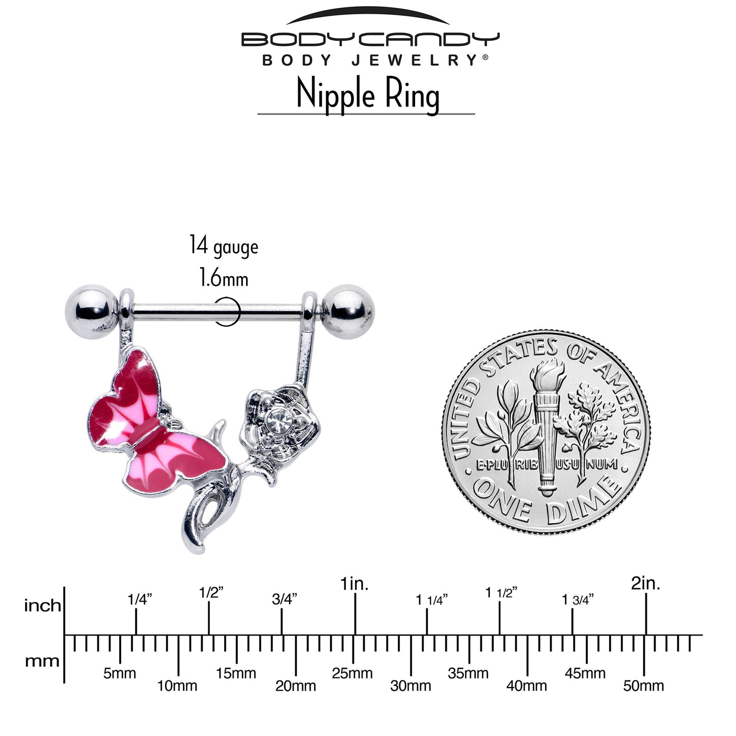 14G 9/16 Butterfly Pink Rose Flower Dangle Nipple Ring Set