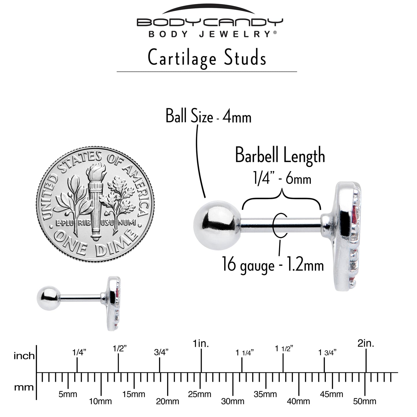 16G 1/4 Red CZ Gem Lattice Heart Cartilage Tragus Earring