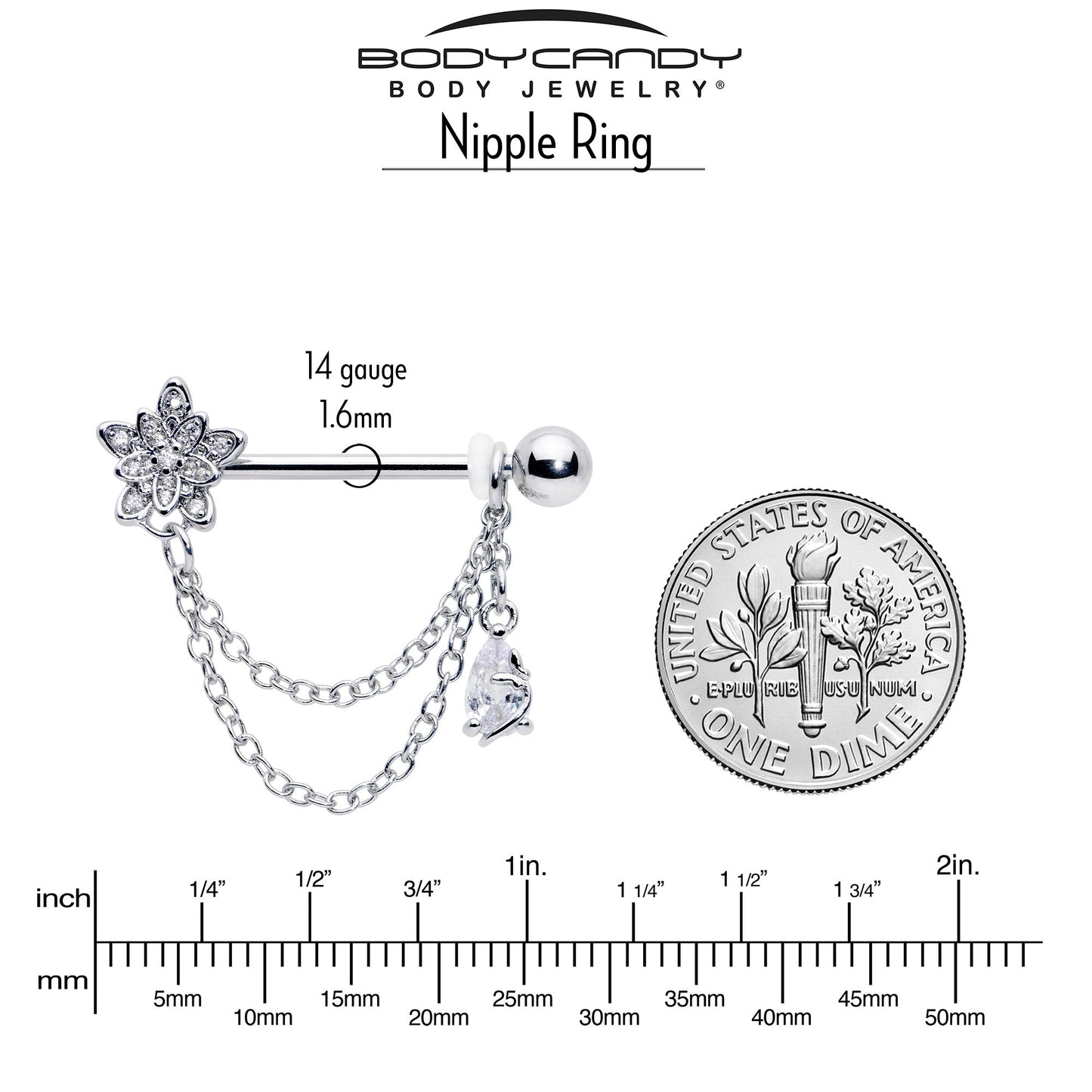 14G 9/16 Clear CZ Gem Snowflake Flower Chain Dangle Nipple Ring Set