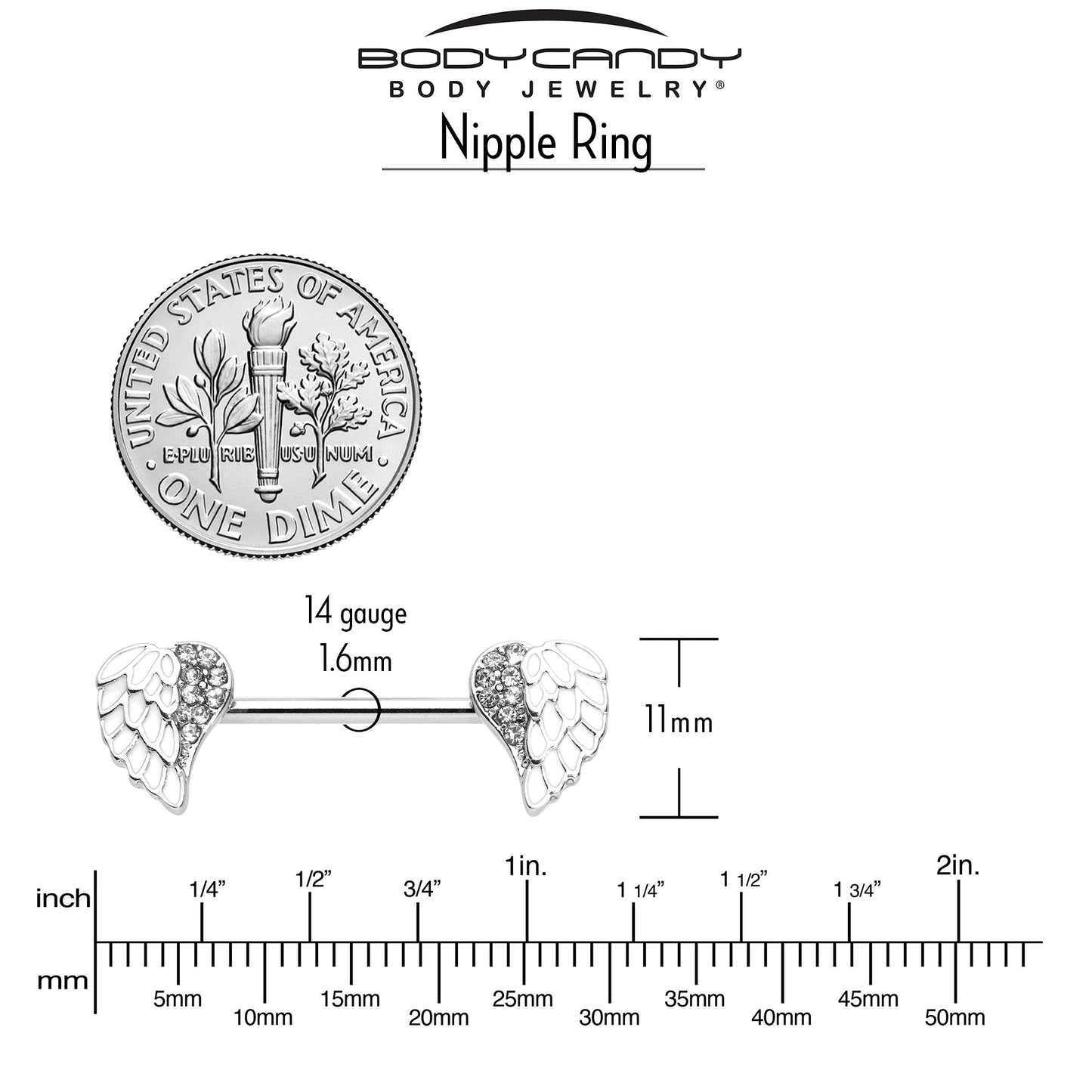 14G 9/16 White Heavenly Heart Angel Wings Barbell Nipple Ring Set